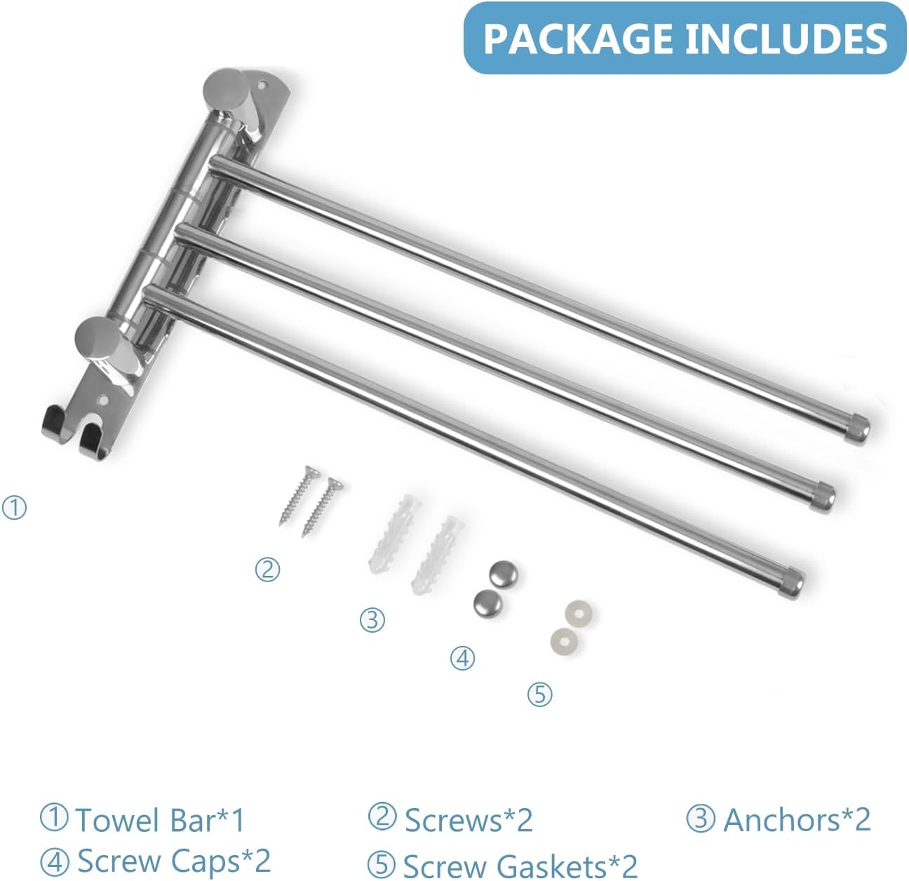 Bathroom Towel Rack JSVER 3 Arms Extended Towel Holder, Swivel Towel Bar, SUS304 Stainless Steel Space Saving Towel Racks for Bathroom, Kitchen