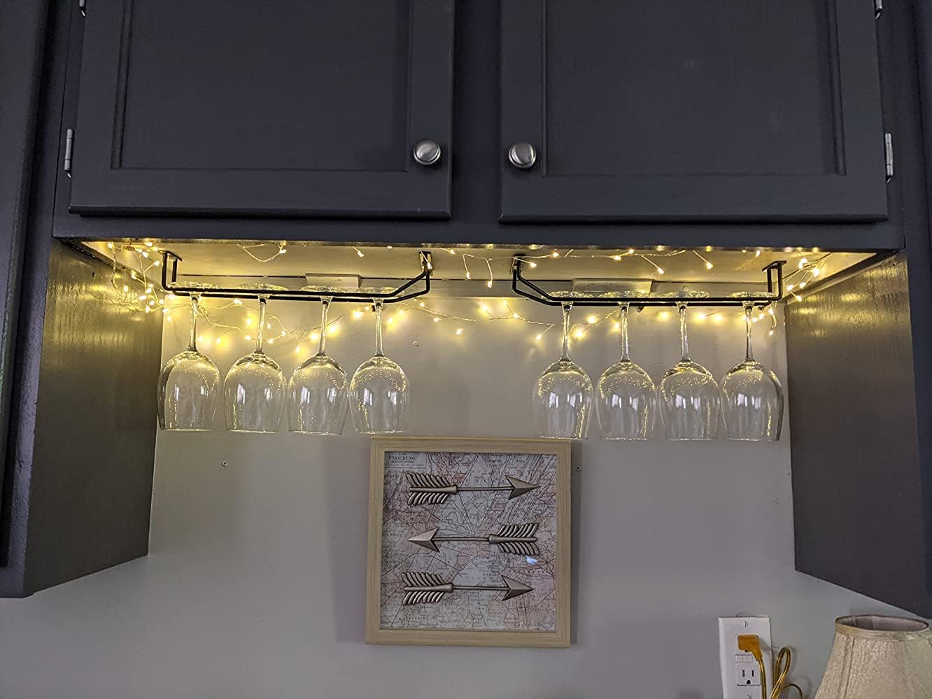 14-Inch Black Wine Glass Rack, Under Cabinet Wine Glass Holder Stainless Steel Stemware Rack - Hanging Stemware Holder for Cabinet Kitchen Bar, Set of 4