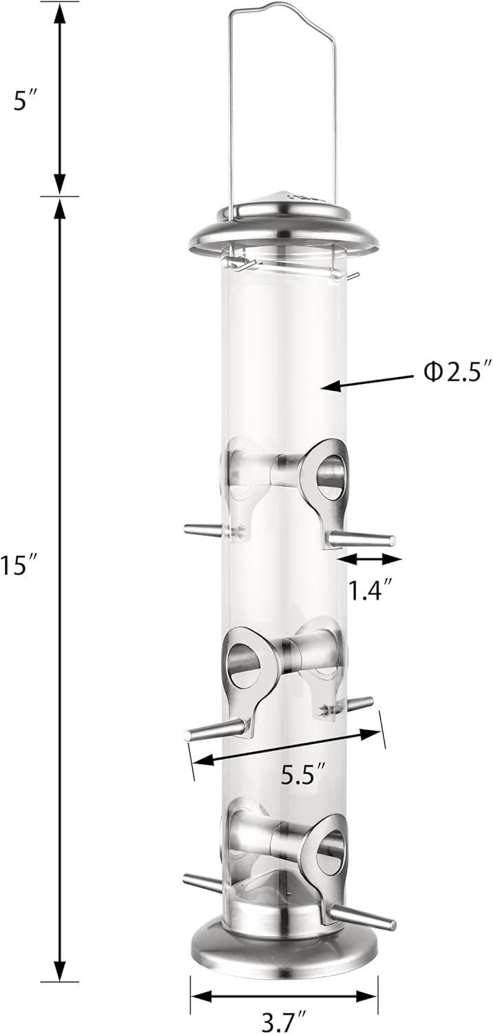 iBorn Metal Bird Feeders 6 Ports Hanging Wild Bird Seed Feeder for Mix Seed Blends, Niger Seed Feeder, Sunflower Heart, Birdbath, Heavy Duty All Metal Nickle Finishing 14 Inch 6Port