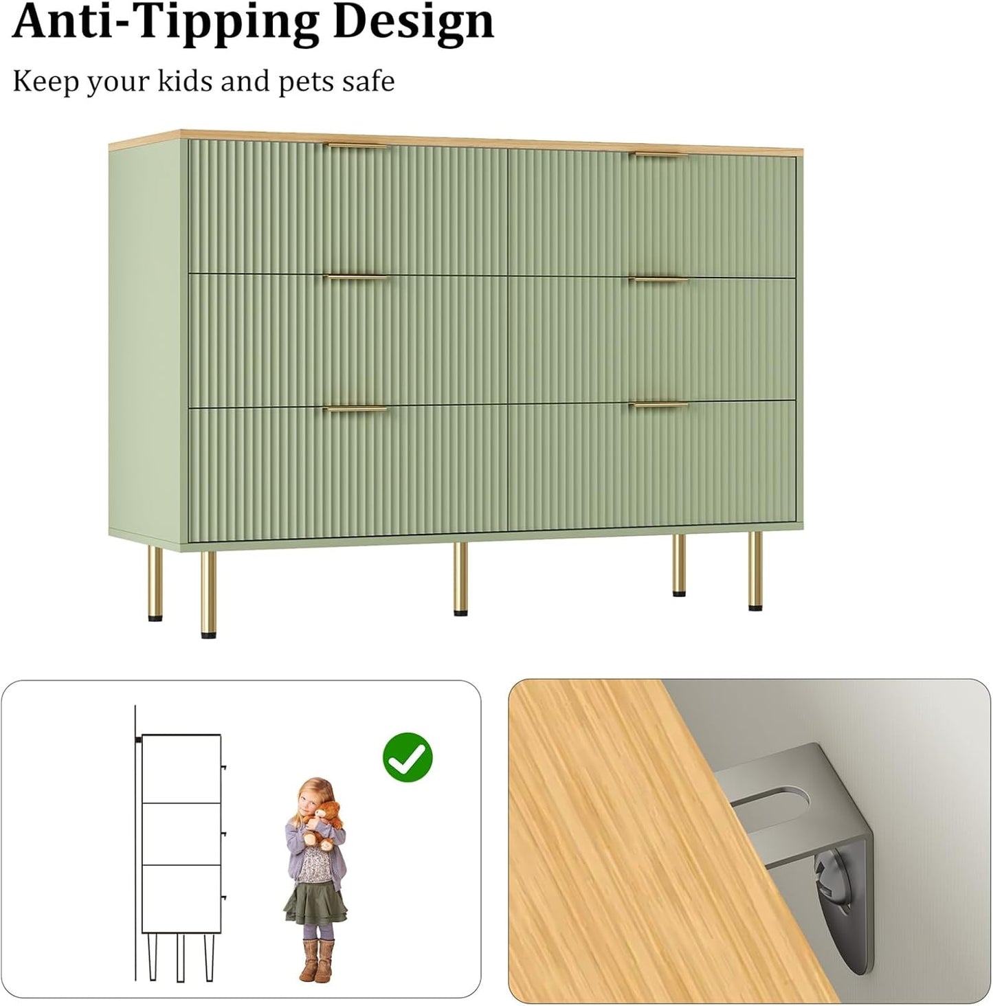 Fluted Wood Dresser 6 Drawers Dresser for Bedroom, Large Modern Chest of Drawers, for Bedroom, Living Room, Hallway, Entryway, Green and Oak