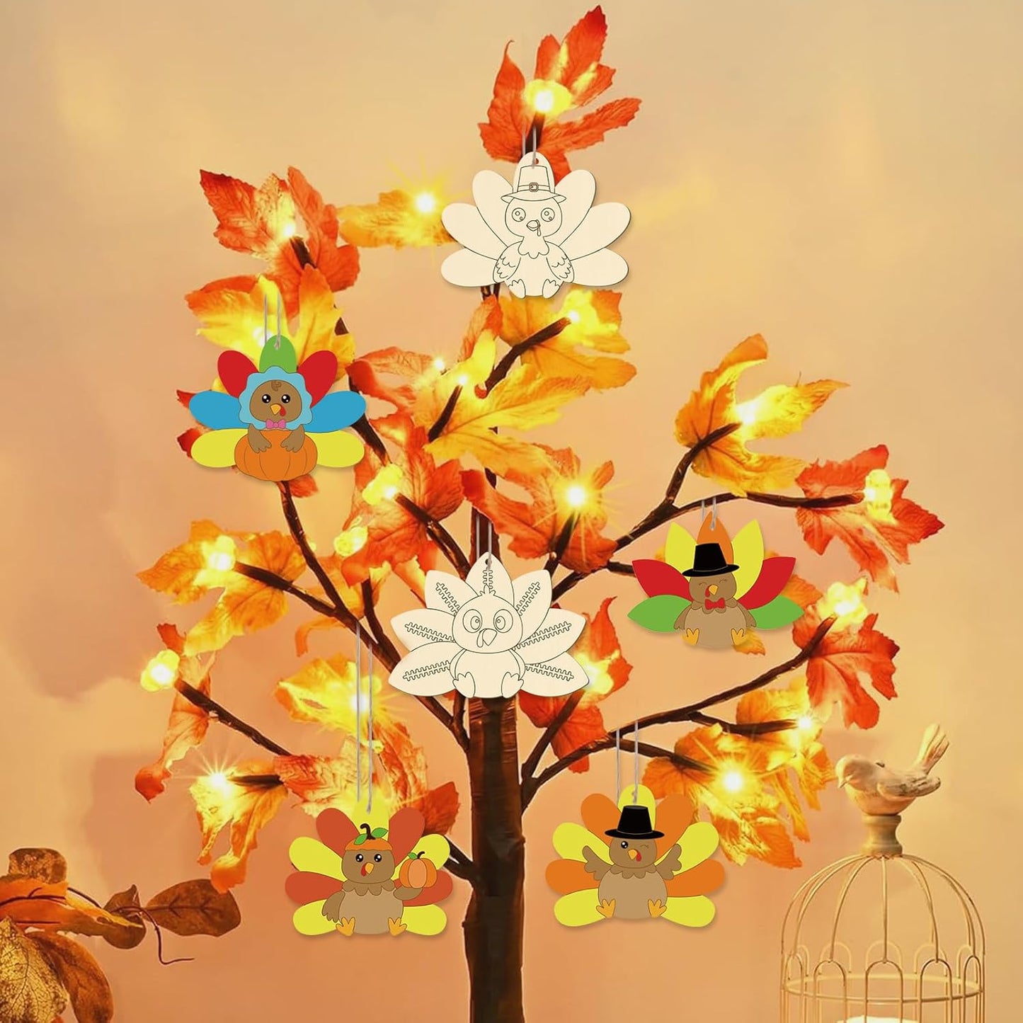 24 PCS Unfinished Wooden Thanksgiving Crafts, Turkey Shaped Hanging Ornaments DIY Wood Craft Cutouts for Thanksgiving Party Decor (Turkey)