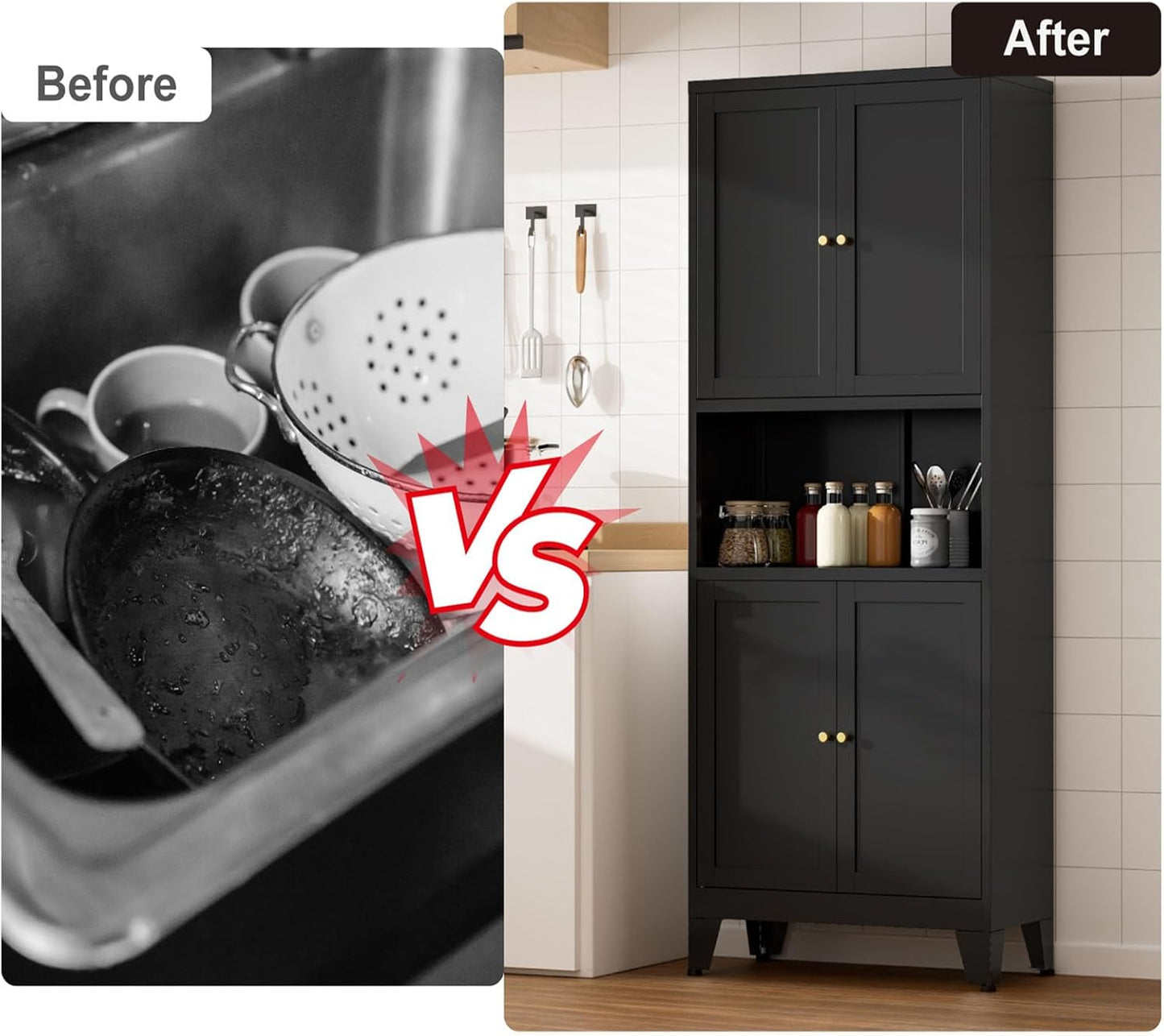 69" Tall Kitchen Pantry Cabinet, Metal Storage Cabinet with 4 Doors and Adjustbale Shelves, Freestanding Cupboards for Dining Room, Living Room, Bathroom