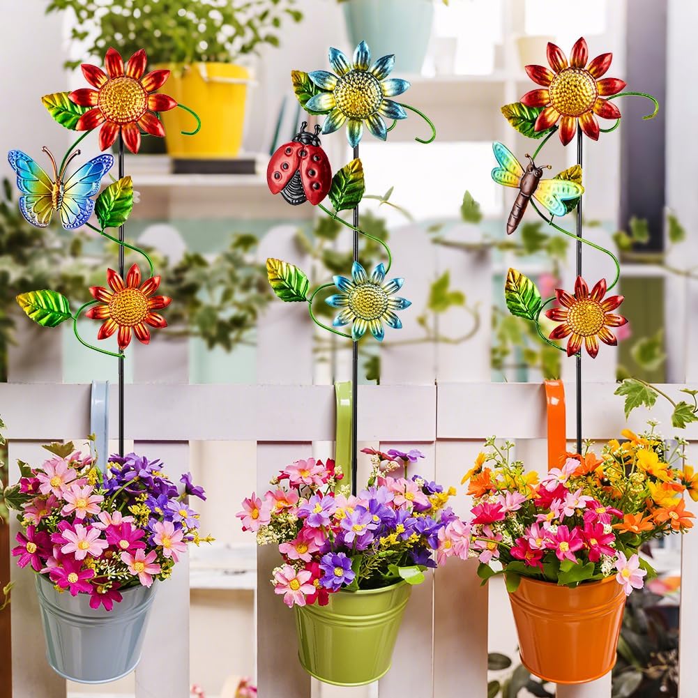 3 Pcs Sunflower&Butterly&Ladybug&Dragonfly Decorative Garden Stakes,23.5 in Metal Sunflower Yard Art for Outside Decor,Spring Outdoor Decor for Mom,Women,Grandma