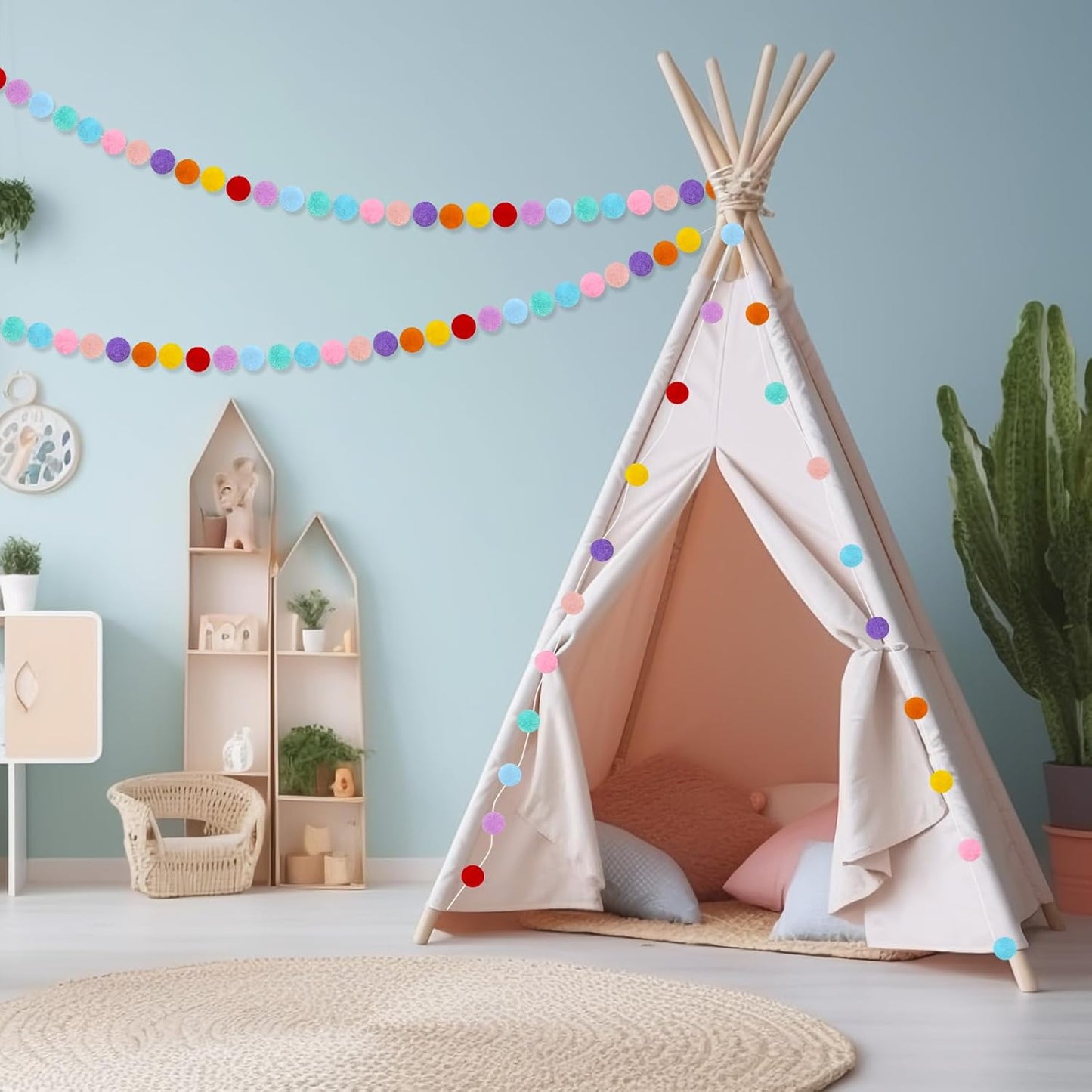 4 Pack Colorful Pom Pom Garland, 26.5 Feet Long Felt Ball Rainbow Banner, 30 Balls 10Color Felt Ball Garland for Christmas Tree Decoration Party Hanging Decor