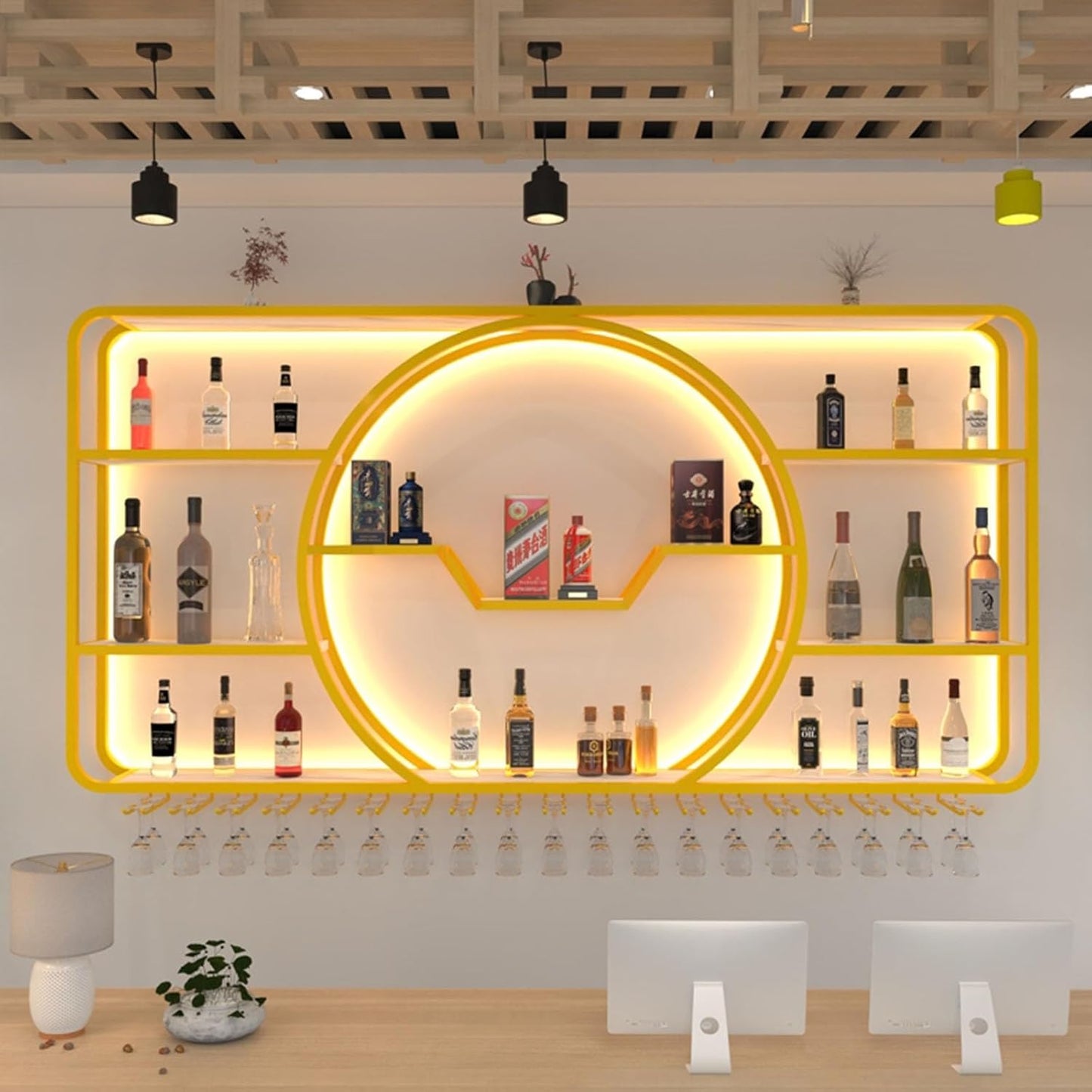 3-Tiers Metal Wine Rack Wall Mounted Modern With LED Light With Wine Glass Holder Large Liquor Bar Display Shelf,Bar Bottle Display Shelf Wine Cups Hanging Holder For Kitchen Living Room Home Decor(Go