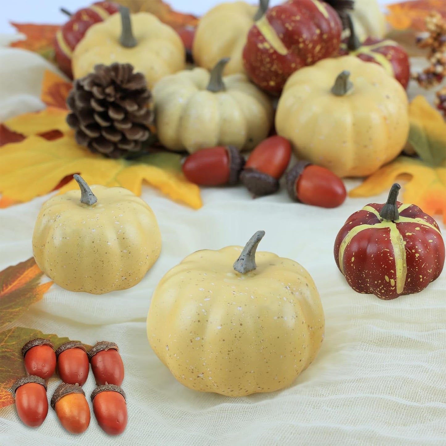 23Pcs Fake Pumpkins Fall Thanksgiving Decorations,Plastic Pumpkins with Acorns,Maple Leaves,Pine cones,Berries, Artificial Mini Pumpkin Decorating Harvest Home Decor Centerpiece Table Decorations