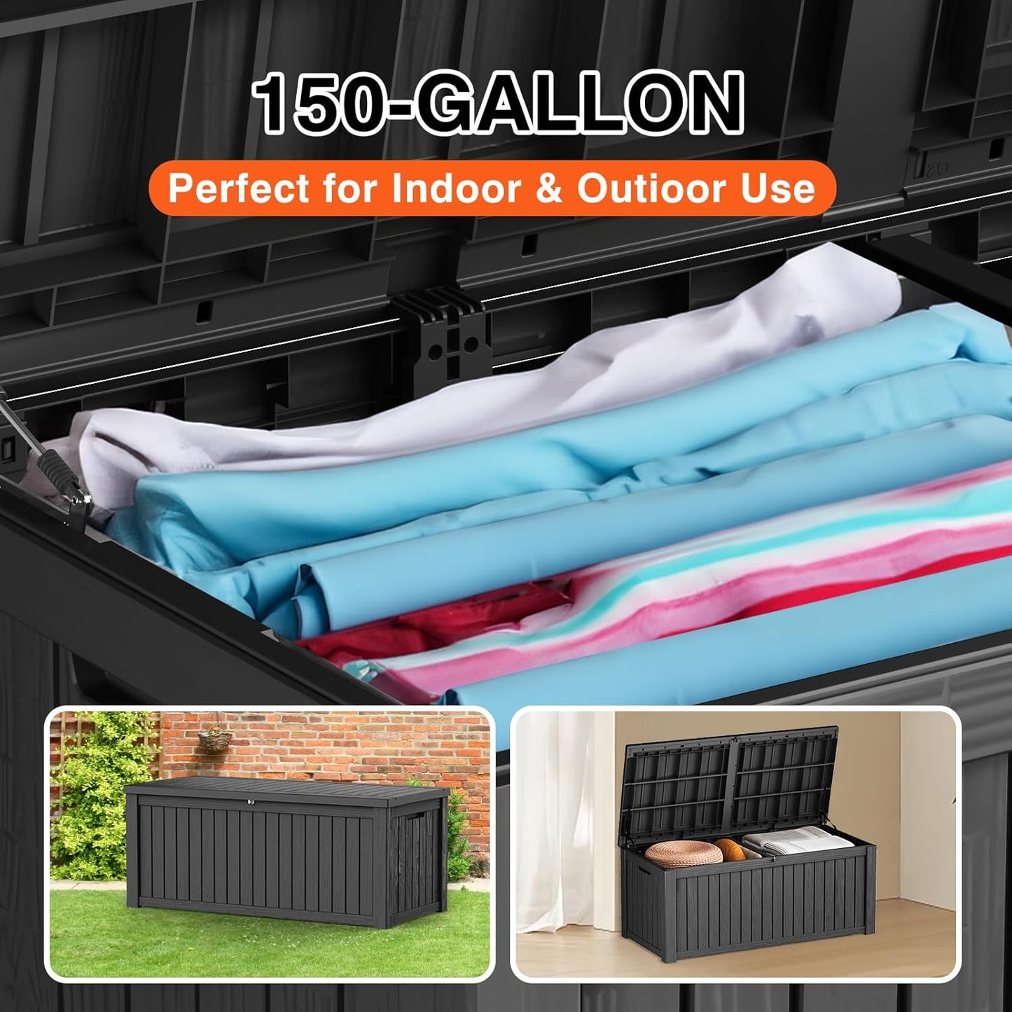 150 Gallon Double-Wall Resin Deck Box - Lockable Waterproof Outdoor Storage Box, 1000lbs Capacity & Doubles as Seating for Patio Furniture - Garden Tools, Pool Accessories (Black)
