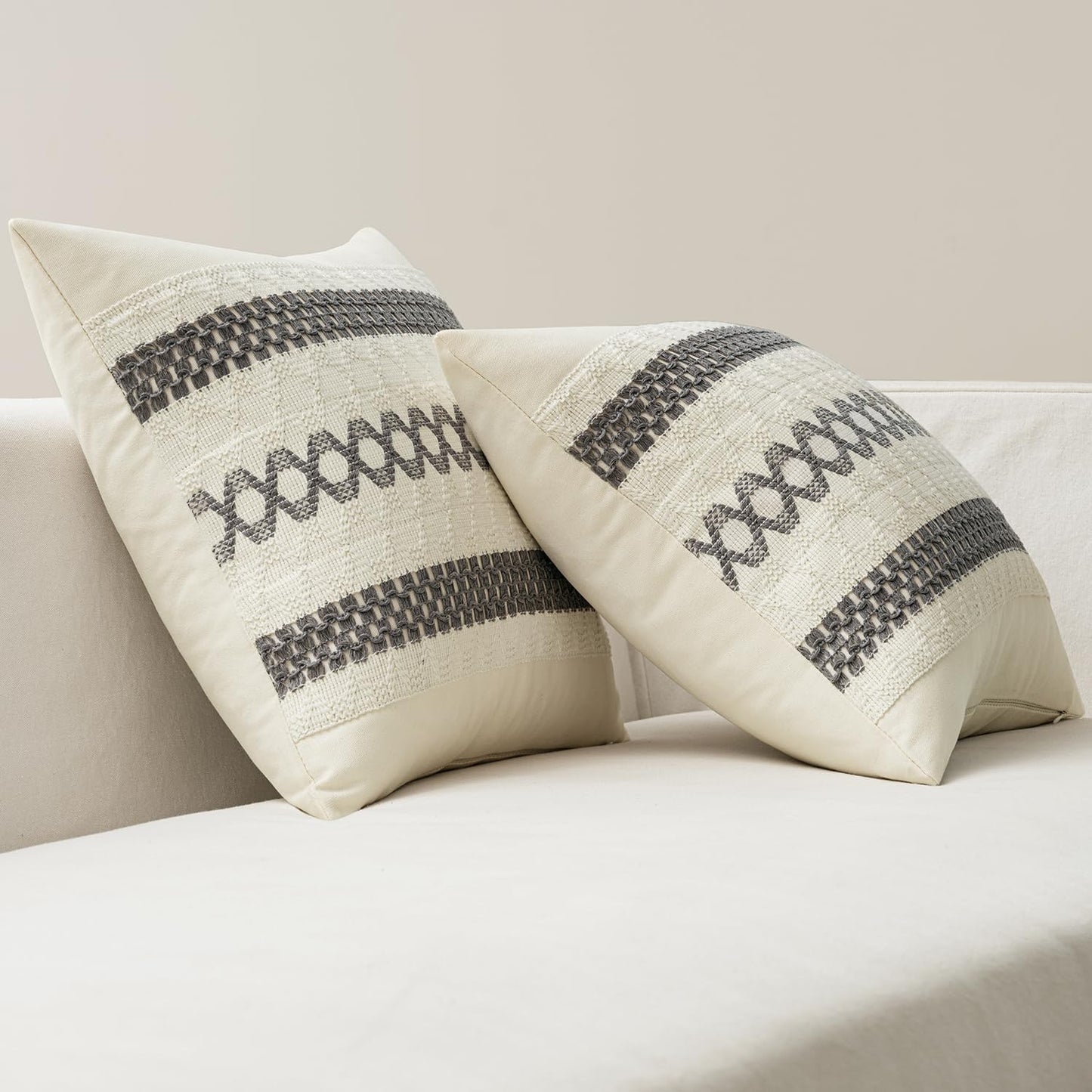 MIULEE Set of 2 Gray Boho Decorative Lumbar Pillow Covers 12x20 Inch Farmhouse Rustic Couch Throw Pillows Modern Cotton Cushion Covers Retro Cute Macrame Woven Home Decor for Bed Sofa Chair