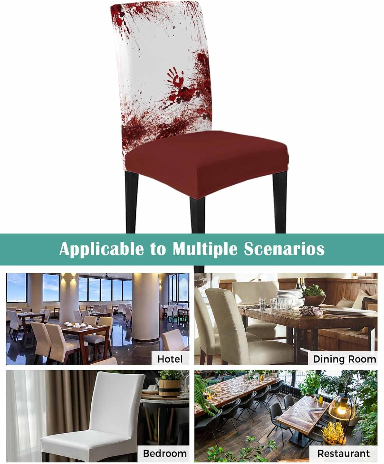 6 Pcs Dining Chair Covers Stretch Spandex Slipcovers Halloween Horror Bloody Handprint Removable Washable Dining Room Seat Cover Cushion Protector for Home Hotel Banquet Decor Red Blood White