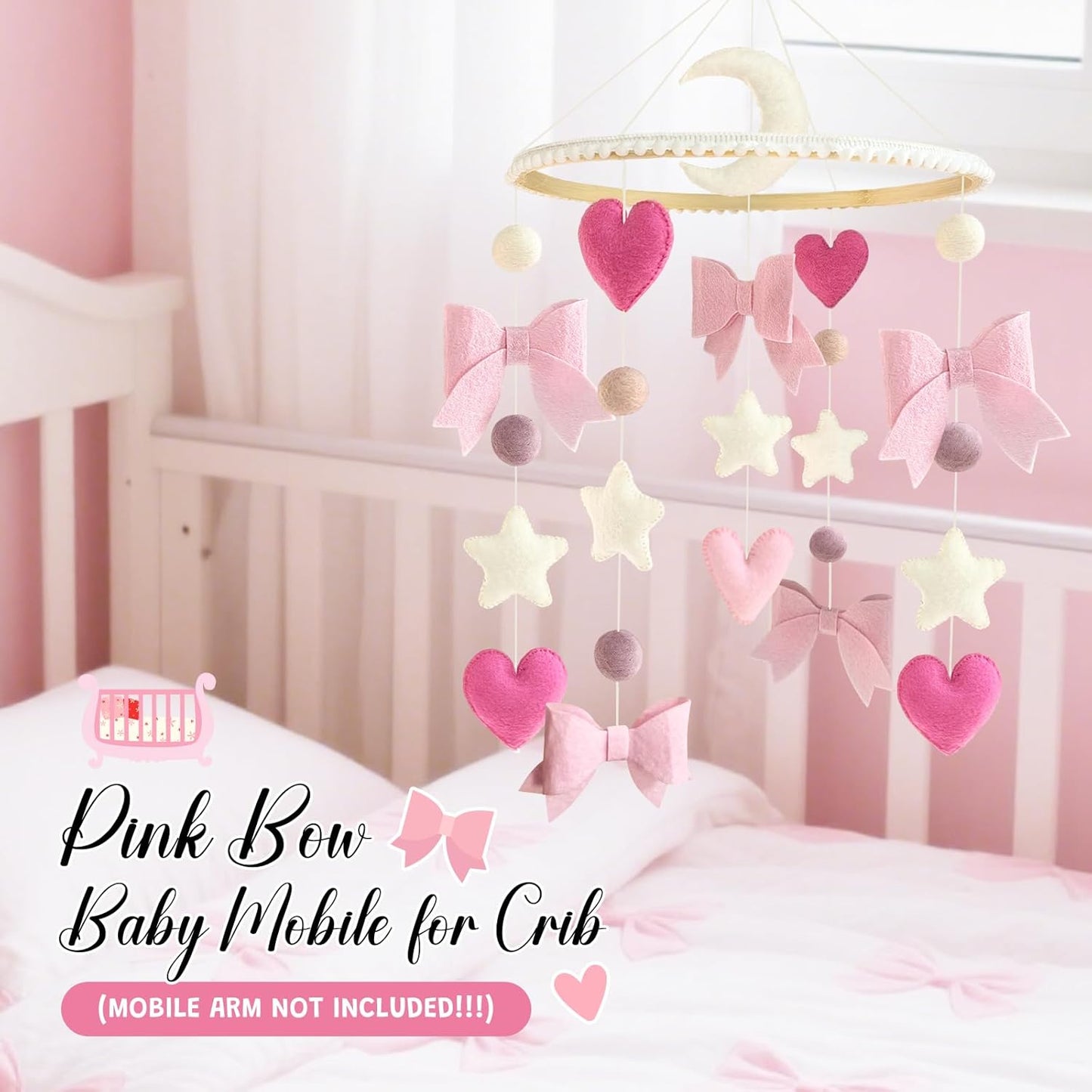 Baby Mobile for Crib Pink Bow Baby Crib Mobile for Girls Handmade Coquette Bow Nursery Decor for Infant Bedroom Hanging Pink Girls Room Decor for Bassinet Gender Reveal Newborn Gifts