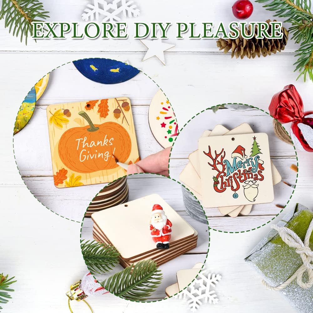 50 Pcs Square Wooden Tags, 3x3 Inch Unfinished Square Wood Slices Blank Square Wooden Slices with Holes, with Jute Twines for Sign Tags Home Party Hanging Decoration