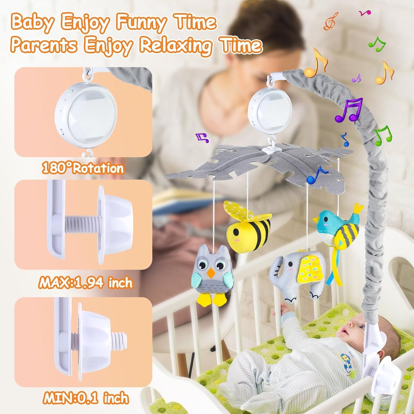 VZO Baby Crib Mobile with Music and Lights, Mobile for Crib with Remote Control, Rotation, Starlight Projection, Crib Toys for Babies Boys Girls Gray