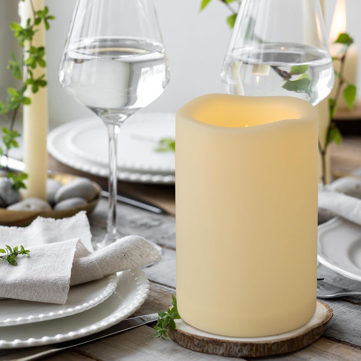 2 Pack 4" x 6" Waterproof Outdoor Flameless Candles with Remote and Timer, Battery Operated Flickering LED Flameless Pillar Candles for Lantern, Porch, Ivory, Plastic