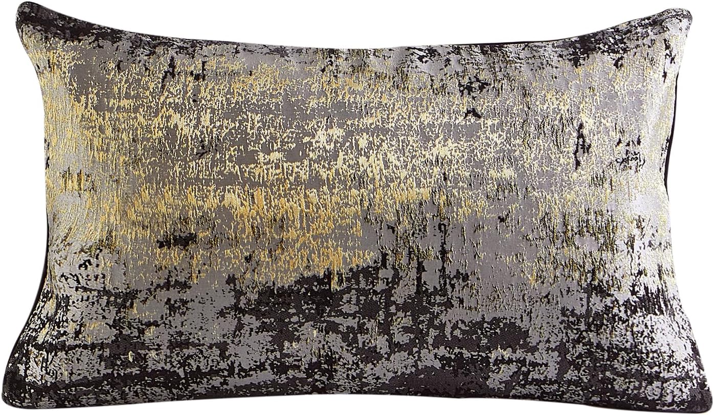 THE-TINOART Charcoal Gray & Black Pillow Cover 12x20 - Gold Embroidered Luxury Jacquard, Modern Reversible Throw Pillow Cover for Sofa/Bed, Velvet Backing