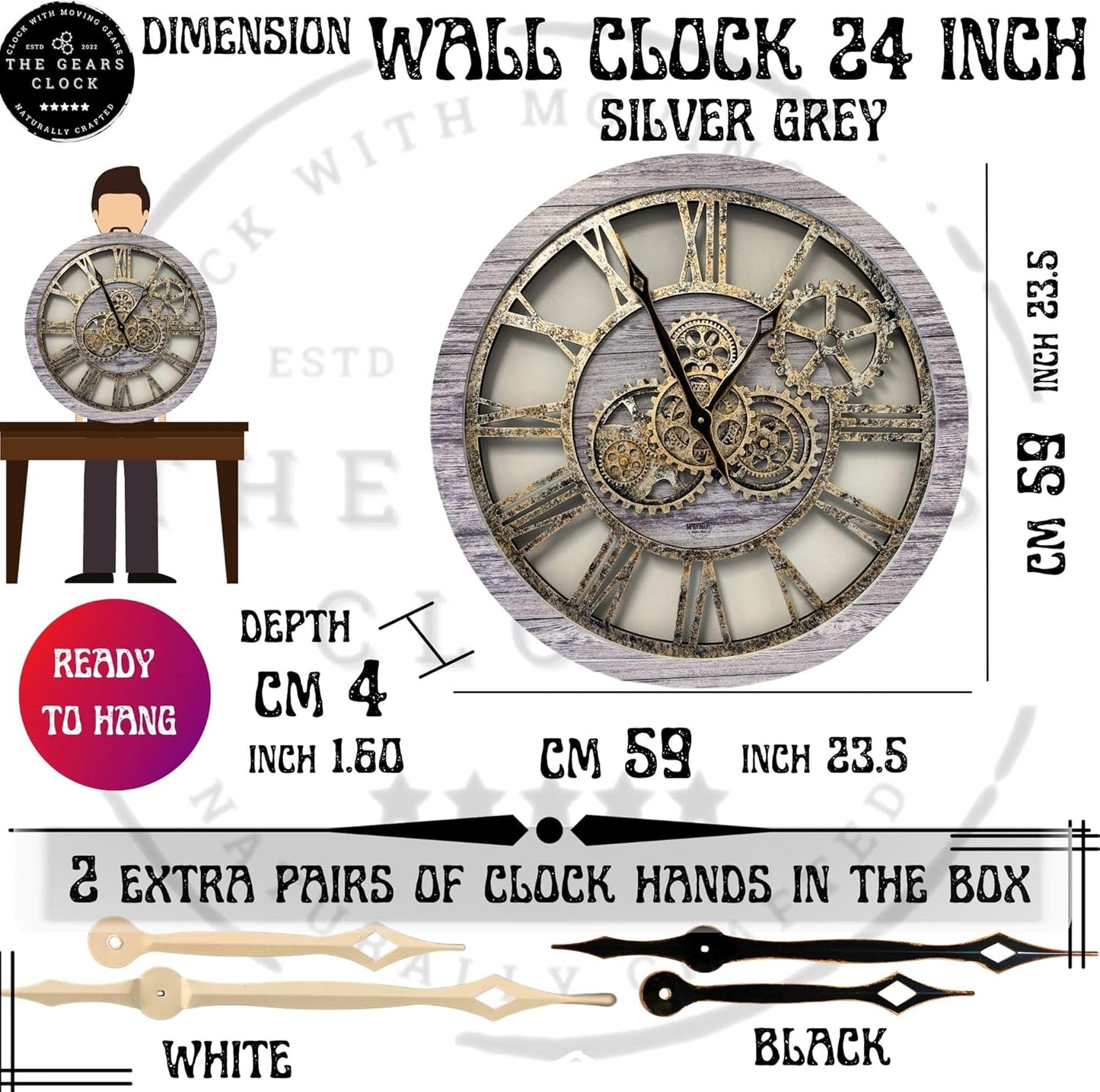 The Gears Clock The Original Real Moving Gear Wall Clock Vintage Industrial Oversized Rustic Farmhouse (24 inch (60cm),Silver Grey)