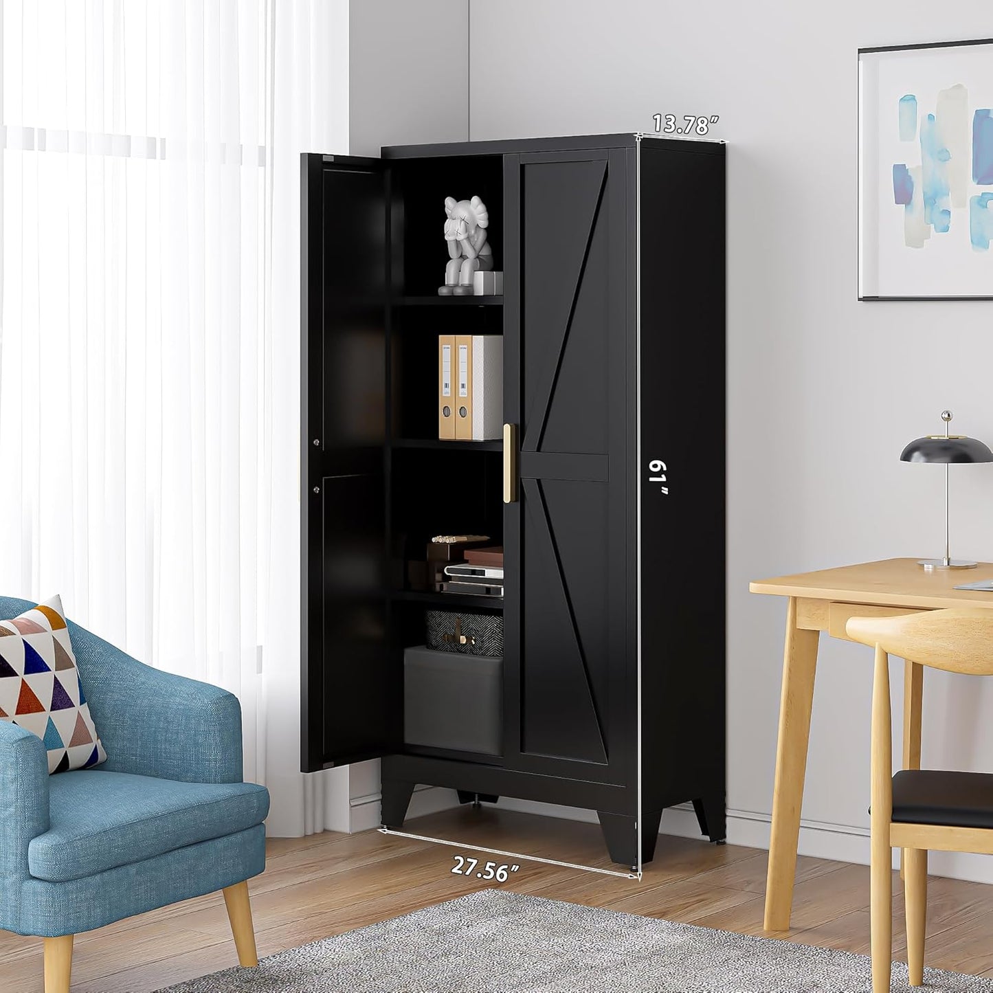 61" Tall Farmhouse Metal Pantry Cabinet, Kitchen Pantry Storage Cabinets with 2 Barn Door and Adjustable Shelves,Metal Pantry Storage Cabinet,for Kitchen,Laundry Room,Home Office,Kids Room (Black)