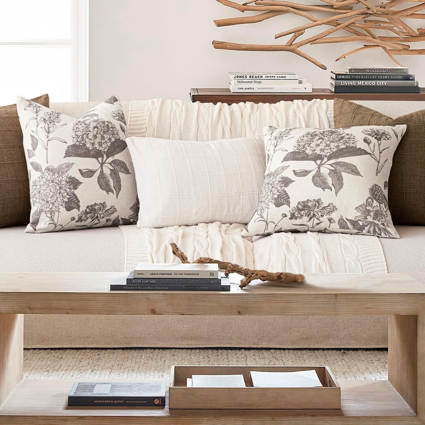 Foindtower Set of 2 Linen Floral Vintage Throw Pillow Covers Neutral Accent Decorative Cushion Covers Farmhouse Boho Home Decor for Sofa Chair Couch Bedroom Living Room Outdoor,18×18 Inch,Light Gray