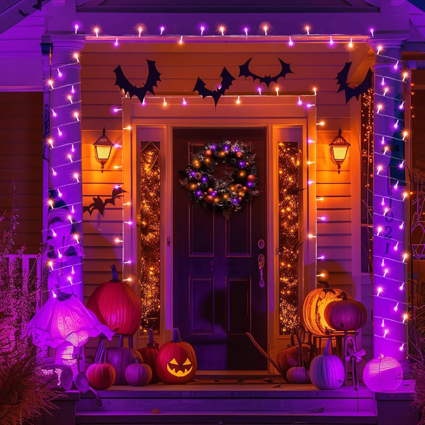 250 LED Orange and Purple Halloween Lights 82 FT Halloween Lights Indoor Outdoor Clear Wire with 8 Modes, Plug in Waterproof Christmas Light for Tree Party Bedroom Thanksgiving Decorations