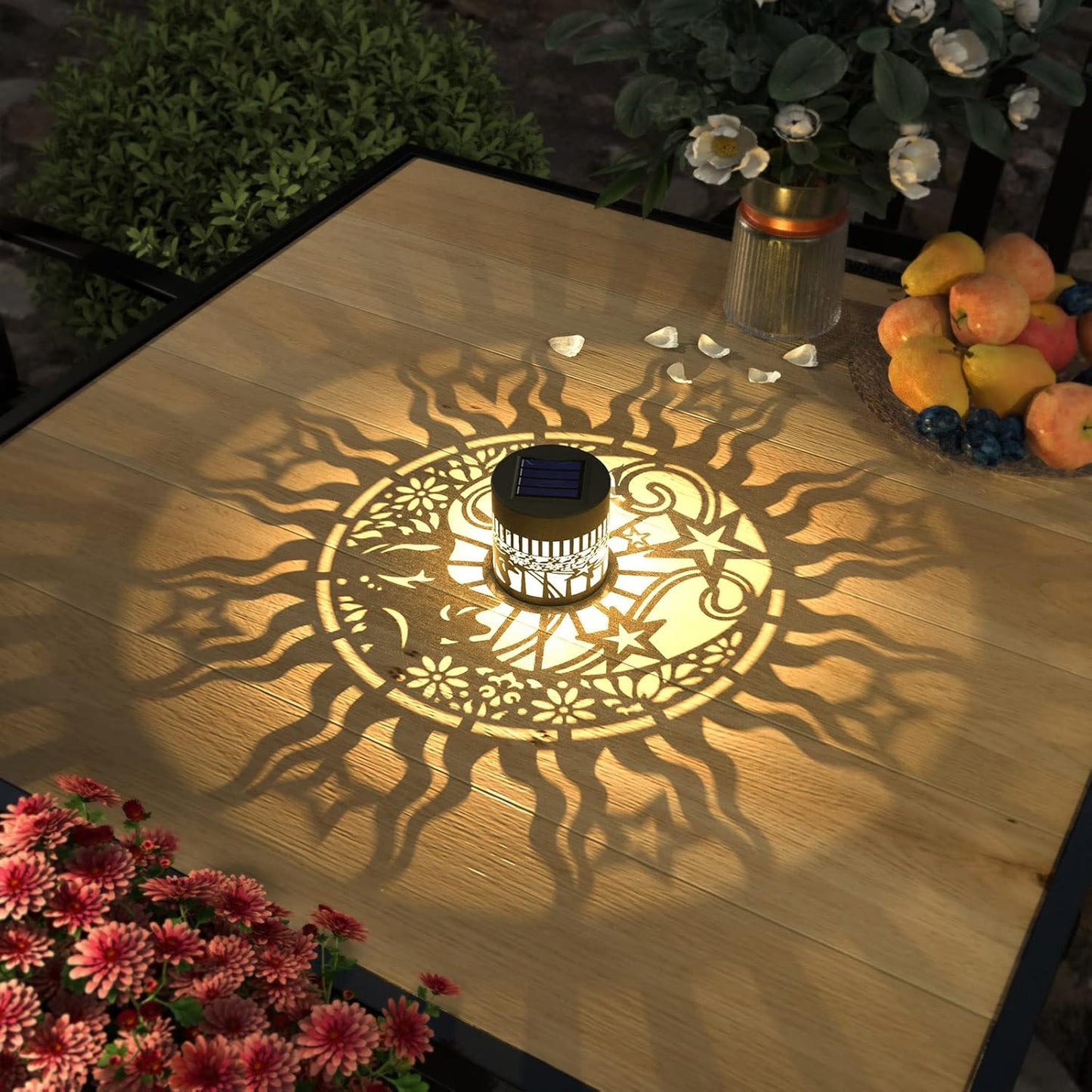 4 Pack Solar Fence Lights Metal Solar Powered Outdoor Wall Deck Lights Sun Moon Theme Waterproof Fence Light for Garden Post Patio Backyard Yard Decor (Face, 4 Pack)