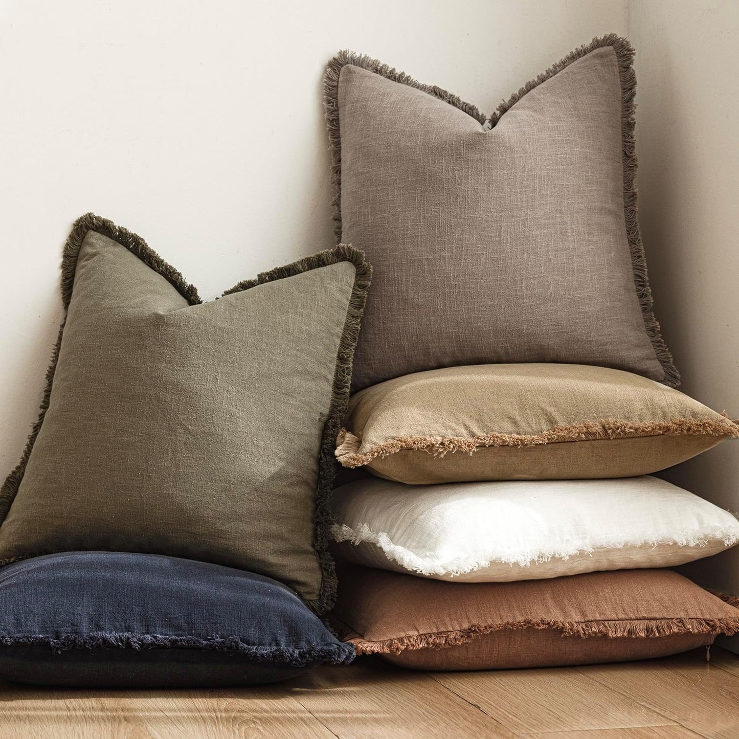 Foindtower Set of 2 Decorative Linen Fringe Throw Pillow Covers Boho Farmhouse Cushion Cover with Tassels Accent Pillowcase for Couch Chair Sofa Bed Living Room Home Decor,16×16 Inch,Brown Tan