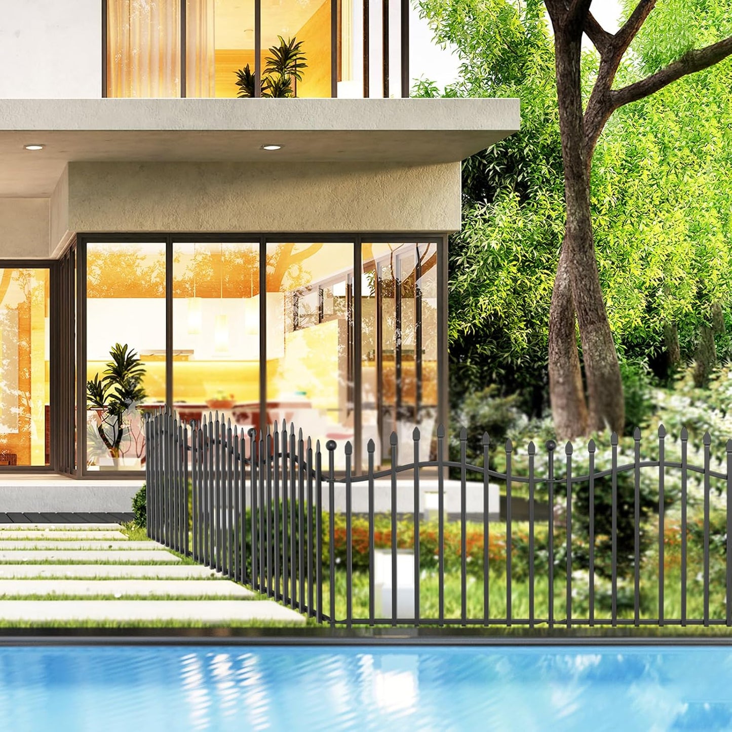 10 Panels No Dig Garden Decorative Fence with Gate - 24in H x 22.5ft L, Heavy-Duty Square Tube Animal Barrier, Rustproof Dog Fence for Outdoor Yard & Patio Protection