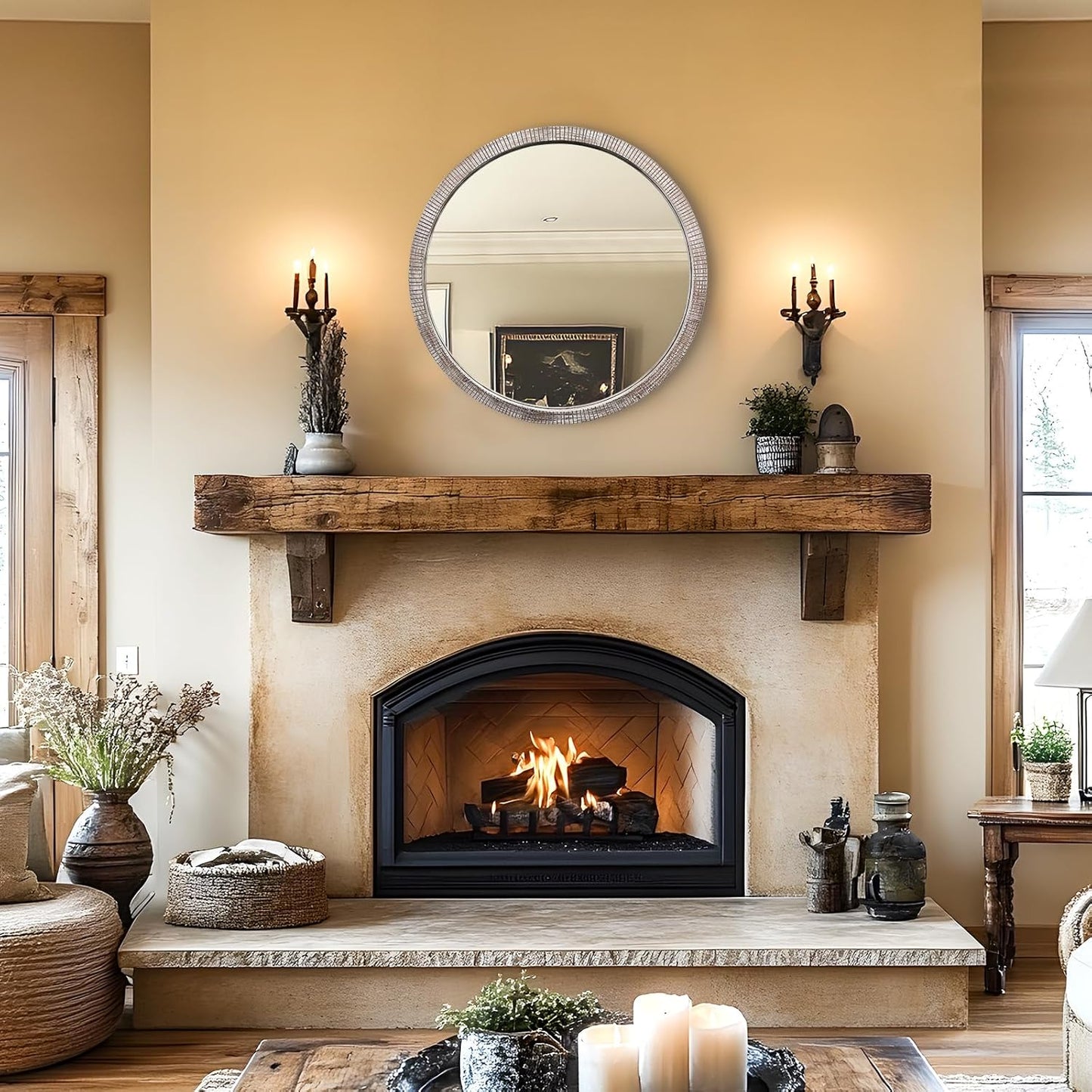 30" Round Wood Mirror, Large Round Mirror with Beveled, Wood Round Mirrors for Wall Decor, Rustic Circle Wall Mirrors for Entryway, Living Room, White Washed Frame