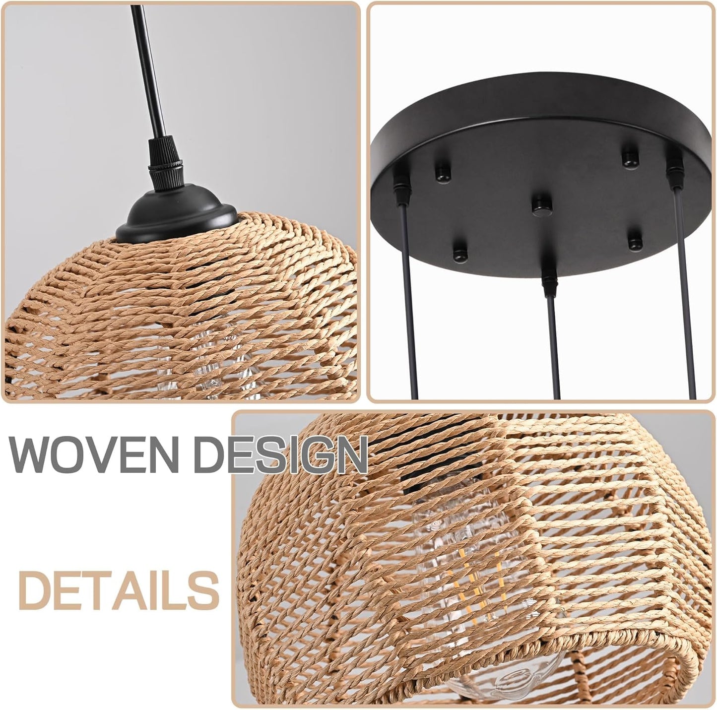 3-Light Mini Hemp Rope Woven Pendant Light Kitchen Island,3 Dome Hand Woven Boho Rattan Chandelier Farmhouse Wicker Ceiling Light,rustic Light Fixture For Living Room Hallway Dining Room(Bulb Incl.