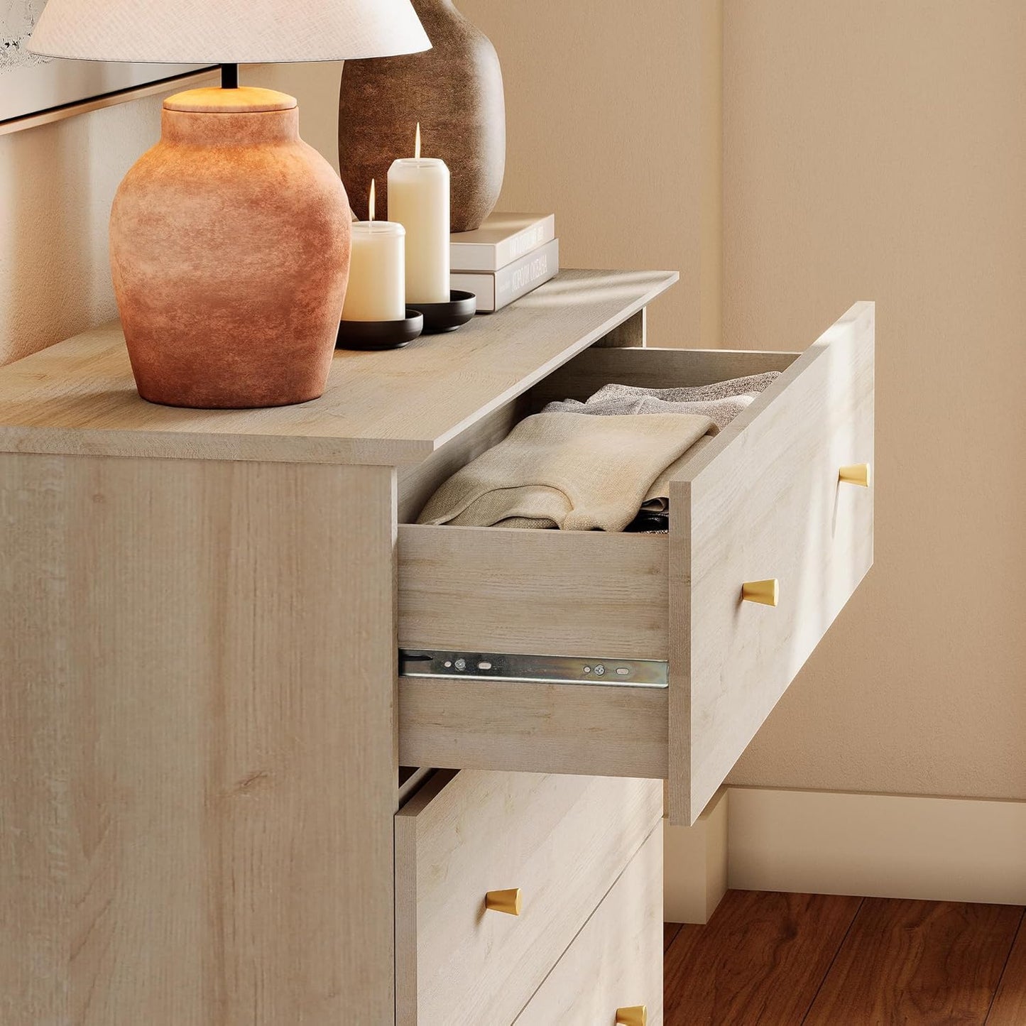 WAMPAT Bedroom Dresser with 3 Drawers, 35.4" Wide Wood Kids Dressers, Chest of Drawers, Modern Closet Organizer Bachelors Chest w/Solid Wood Legs for Living Room, Baby Room, Nursery, Light Oak