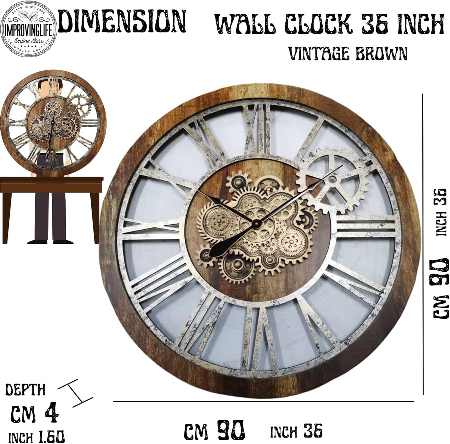 The Gears Clock 36'' Inch Real Moving Gear Wall Clock Vintage Industrial Oversized Rustic Farmhouse (Wood and Stone)