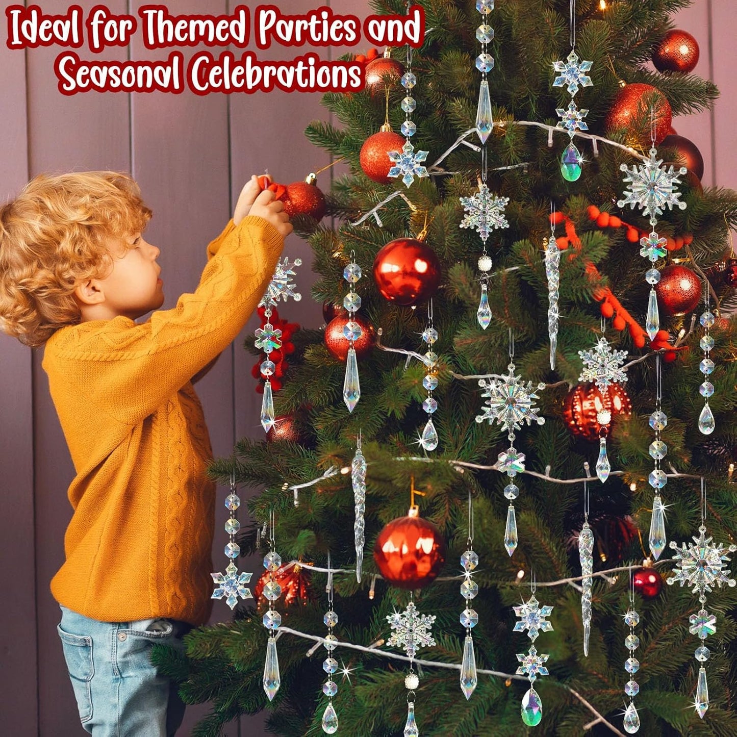 48pcs Christmas Crystal Ornaments for Tree - Iridescent Christmas Tree Ornaments Acrylic Snowflakes Drop Icicle Pendants Hanging Ornaments for Xmas Trees Winter Holiday Frozen Party Decorations