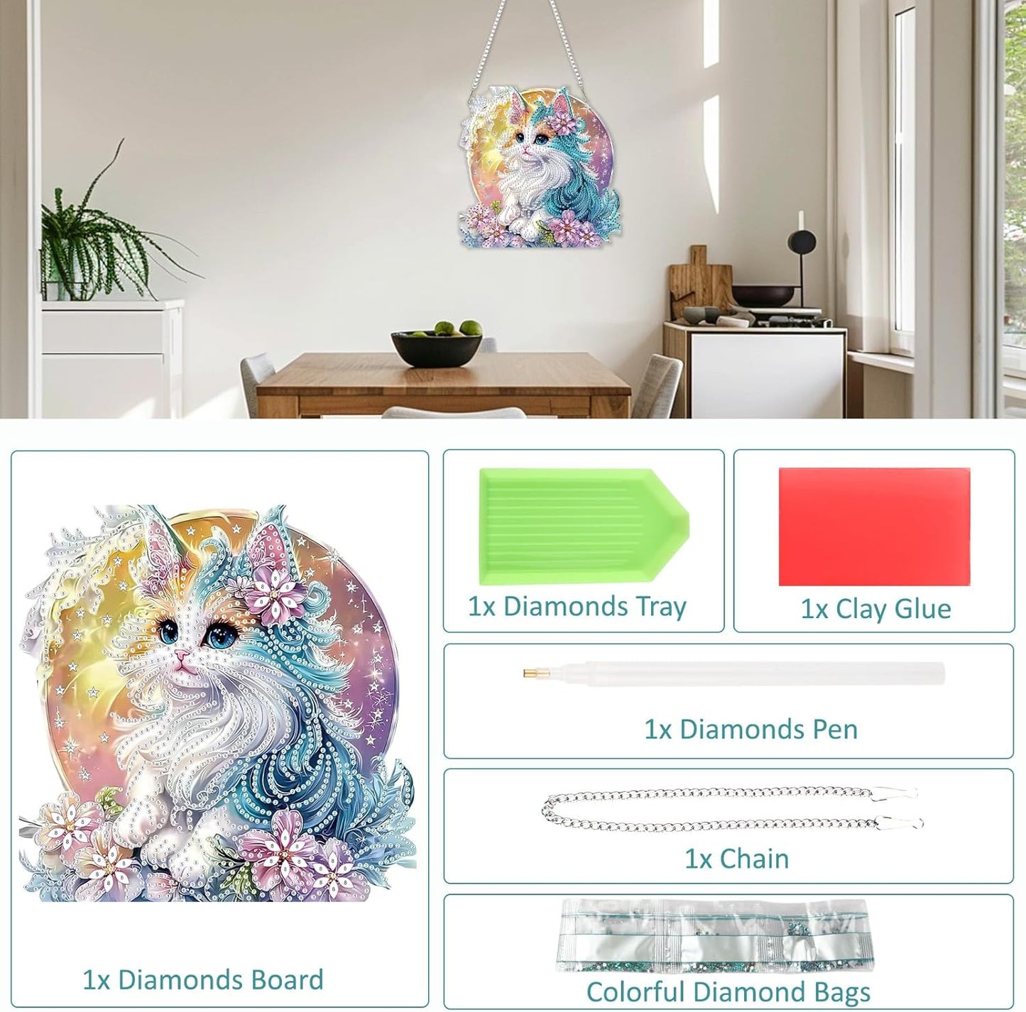 SENQAO Cat Diamond Art Hanging Kit for Adult, Special Shaped Rhinestone, Double Sided DIY Acrylic Diamond Art Painting Window Pendants Home Garden Wall Hanging Kits Hanging Ornament