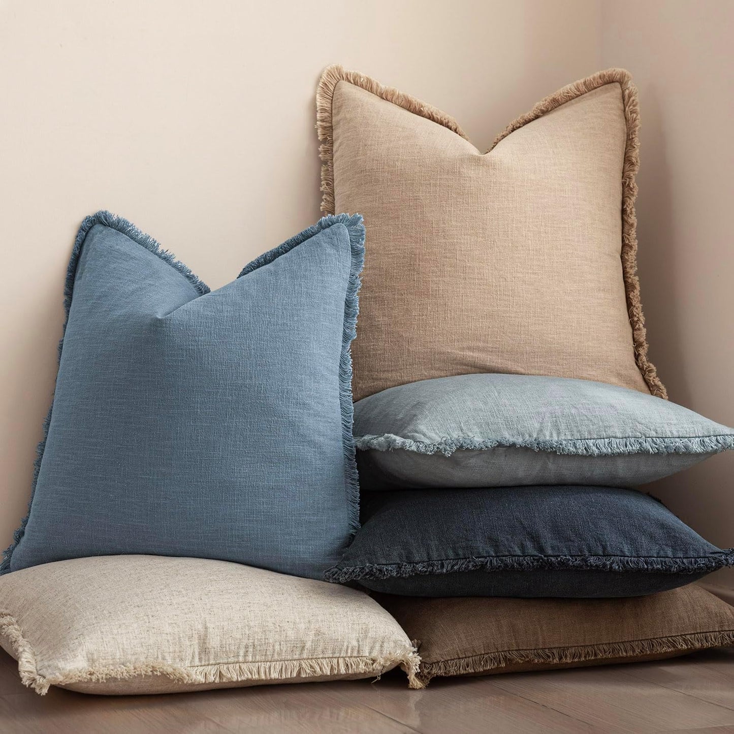 Foindtower Set of 2 Decorative Linen Fringe Lumbar Throw Pillow Covers Boho Farmhouse Cushion Cover with Tassels Soft Accent Pillowcase for Couch Sofa Bed Living Room Home Decor,12×20 Inch,Misty Blue