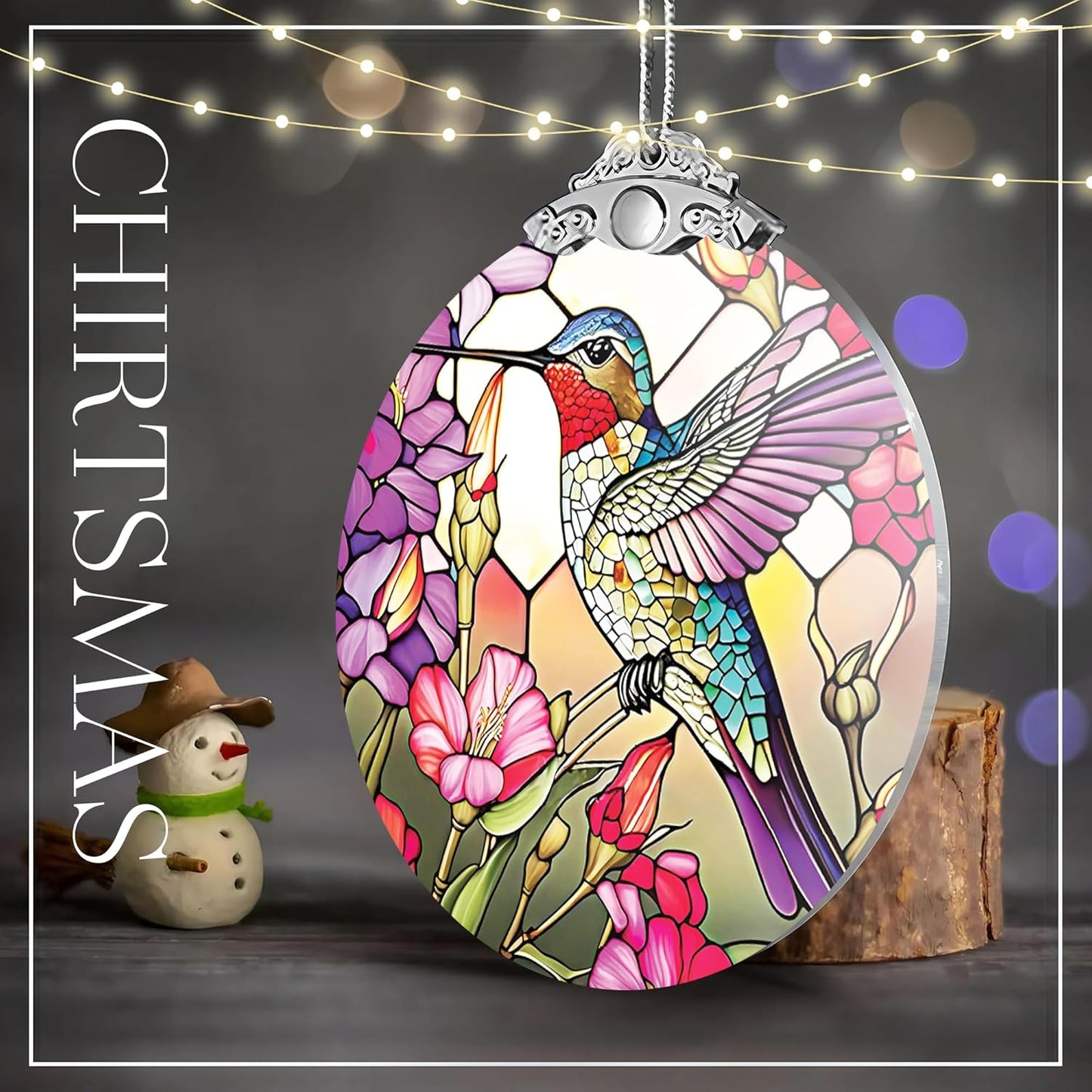 2025 Christmas Ornament, Stained Glass Effections, Christmas Tree 4 Inch Acrylic Ornament Art, White Elephant Gifts Car Interiors Decors, Christmas Decor (Radiant Hummingbird)