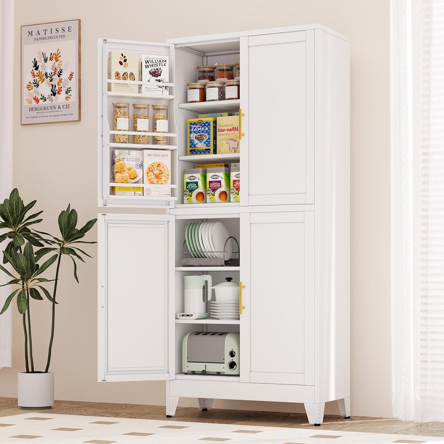 74.8" Tall Metal Food Cabinet, White Kitchen Pantry Cabinet, Storage Cabinets with 4 Door and 4 Adjustable Shelves, Steel Freestanding Cupboard for Kitchen Dining Room Living Room Bathroom