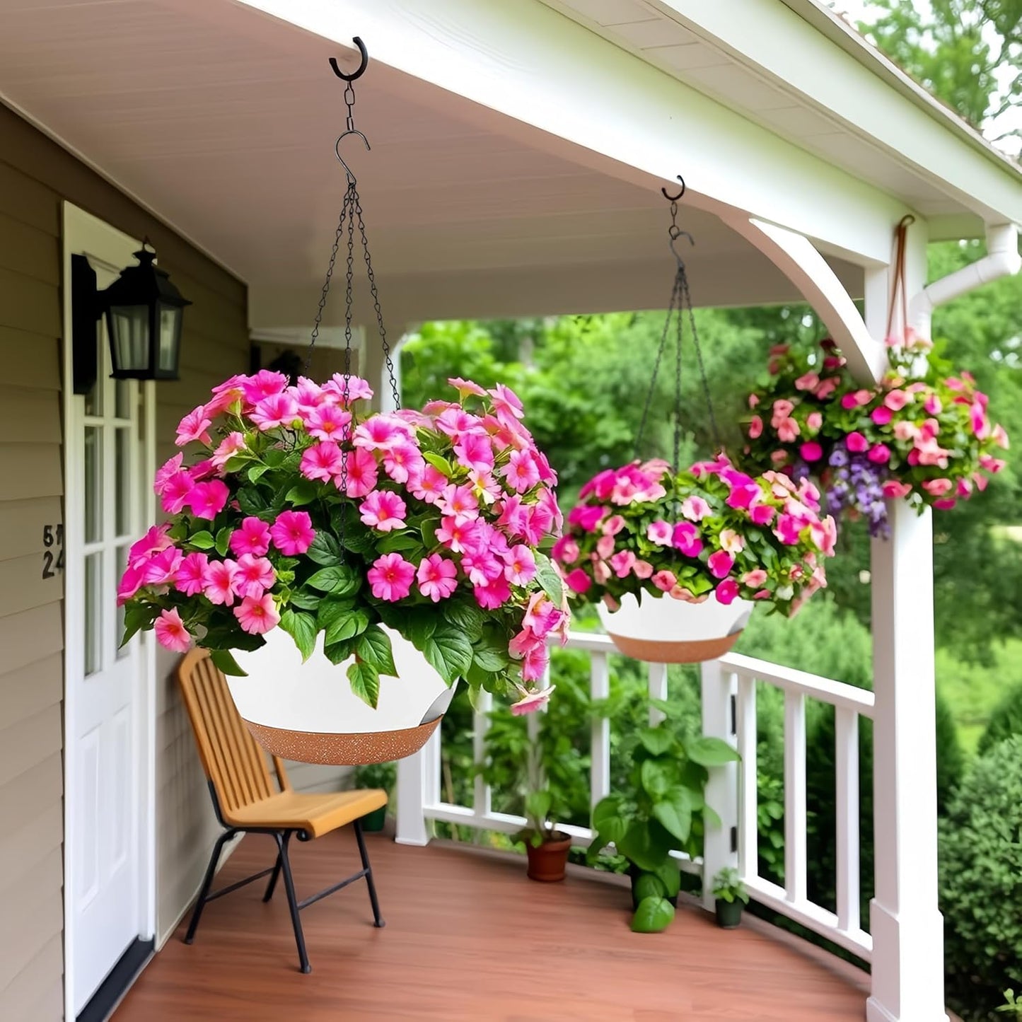 2 Pack 12 Inch Large Hanging Planters with Chains Self Watering White Brown Plastic Hanging Pots for Indoor Outdoor Plants, Garden Porch Home Decor,White Brown
