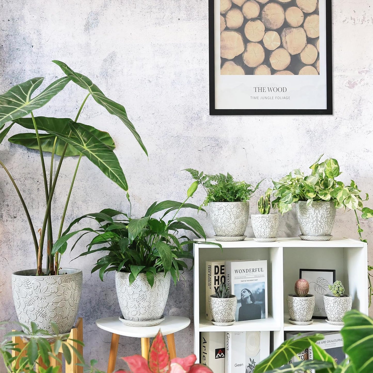 8 Inch + 6 Inch Retro Ceramic Planter Set of 2 with Drainage Hole and Saucer for Multiple Plants, Indoor-Outdoor Garden Pots for Succulent, Orchid, and Flower (Retro White)