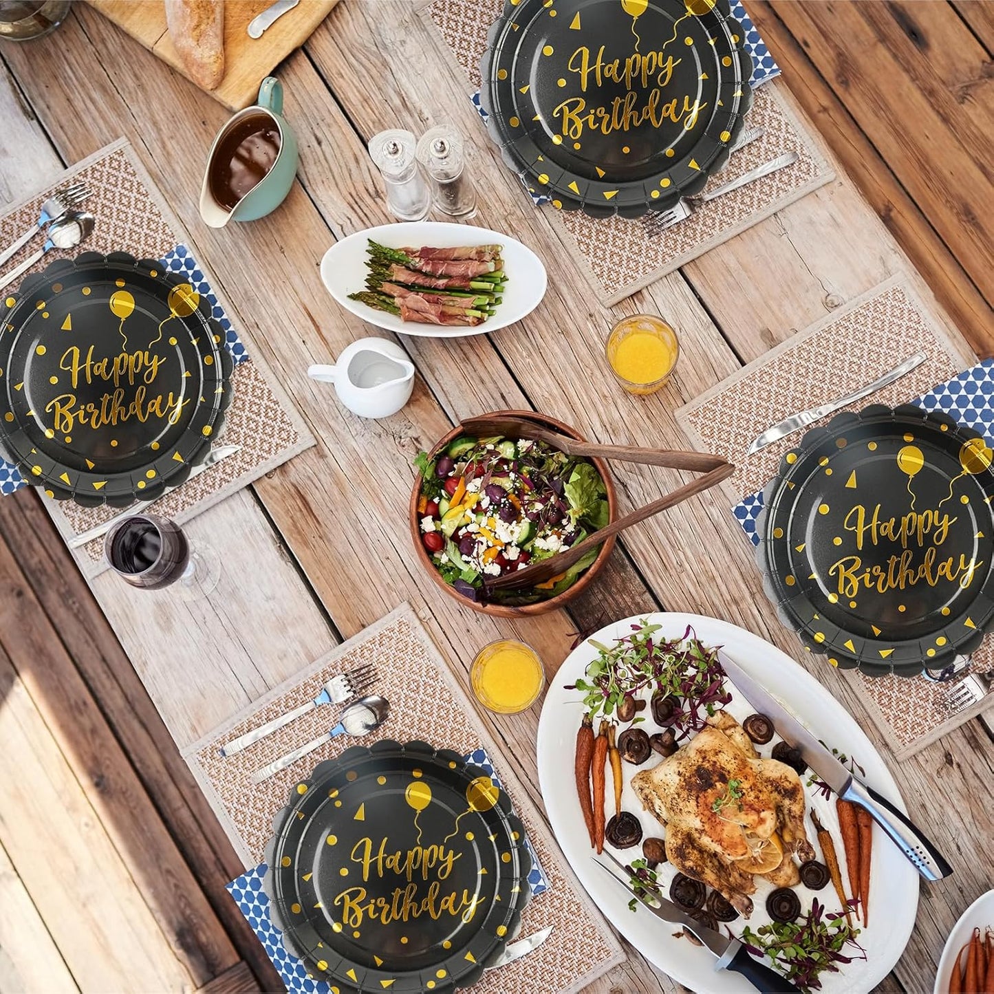 50PCS Birthday Paper Plates - 7 Inch Birthday Cake Plates Scalloped Black and Gold Dessert Plate Disposable Tableware Decorations for Birthday's Party Supplies