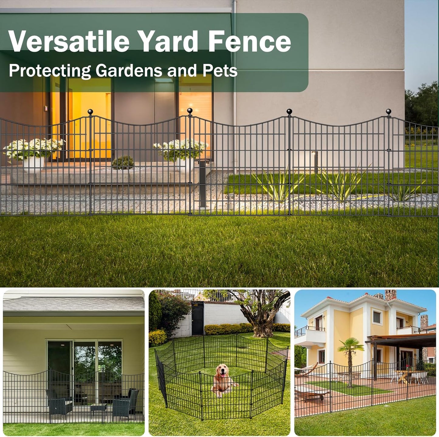 4 Panels No Dig Dog Fence Outdoor for Yard, 48 in(H) X 10.5 ft(L) Decorative Tall Garden Fence Animal Barrier, Rustproof Metal Wire Garden Edging and Borders, Temporary Fencing Stakes