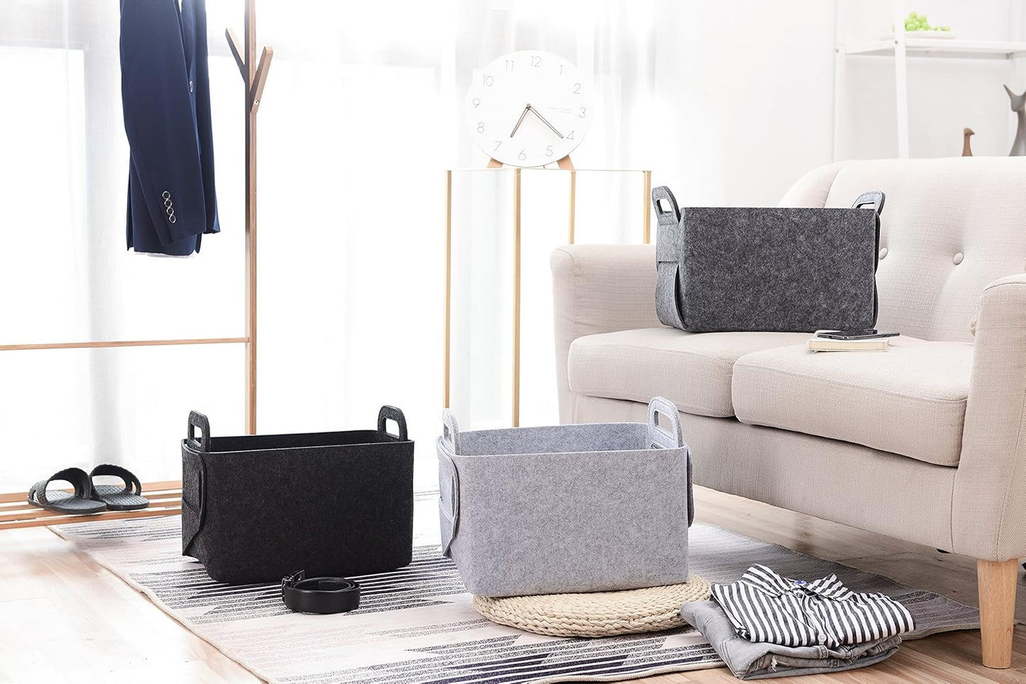 Minoisome Storage Basket Felt Storage Bin Collapsible& Convenient Box Organizer with Carry Handles for Office Bedroom Closet Babies Nursery Toys Laundry (Grey, 13.8inch(L)×9.5inch(W)×8.3inch(H))