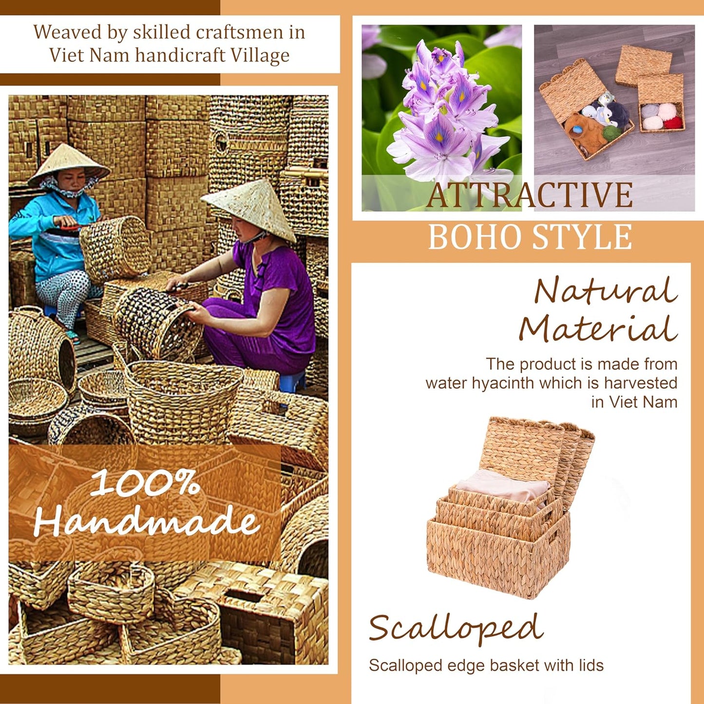 Set of 3 Scalloped Edge Wicker Basket with Lid, Rectangle Wicker Storage Basket with Built-in Handles, Multipurpose Organizer Rattan Display Boxes for Shelf, Nursery Room