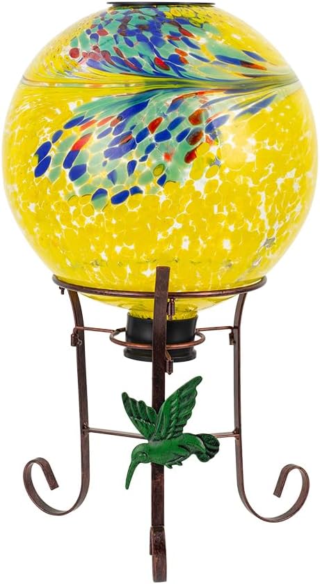 10" Diameter Solar Gazing Ball and 8.5" Metal Stand Indoor Outdoor Glass Globe Sphere Yard Art Ornament Solar Gazing Balls for Garden,Lawn,Porch,Patio Gardening Gift for Women(Yellow)