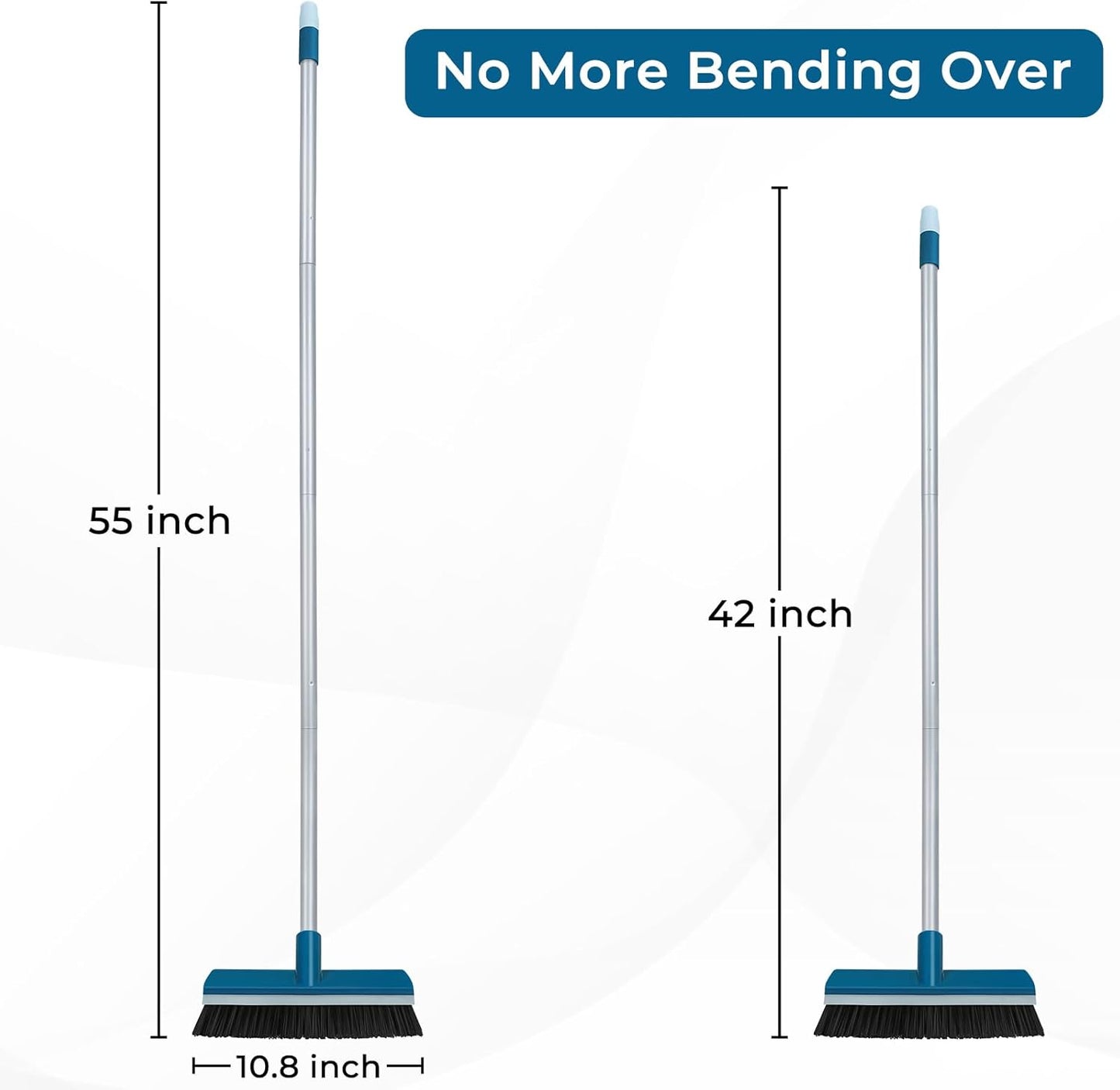 Stiff Bristle Deck Brushes for Scrubbing Heavy Duty with Rubber Scrape Squeegee, 55” Long Handle Scrub Brush for Bathroom Shower Carpet Outdoor Floor Cleaning (Head Size: 10.8”)