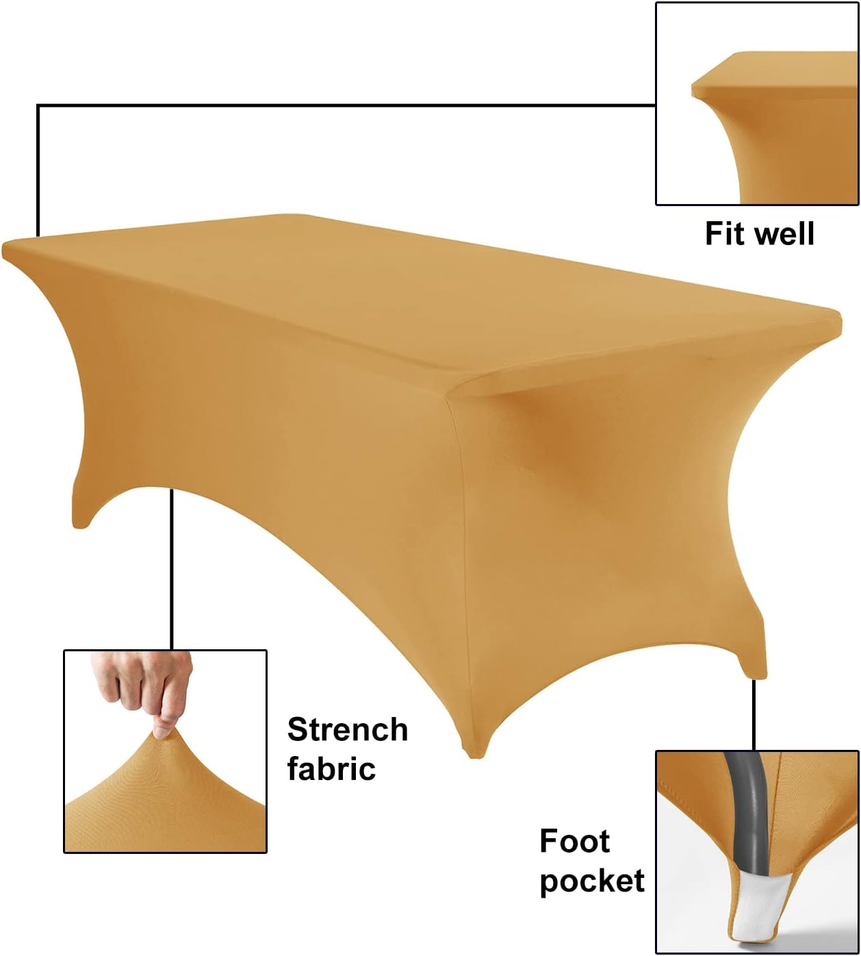 2Pack Spandex Waterproof Table Covers 8ft，Spandex 8ft Waterproof Table Cover for Party,Wedding, Banquet, and Events(Gold)