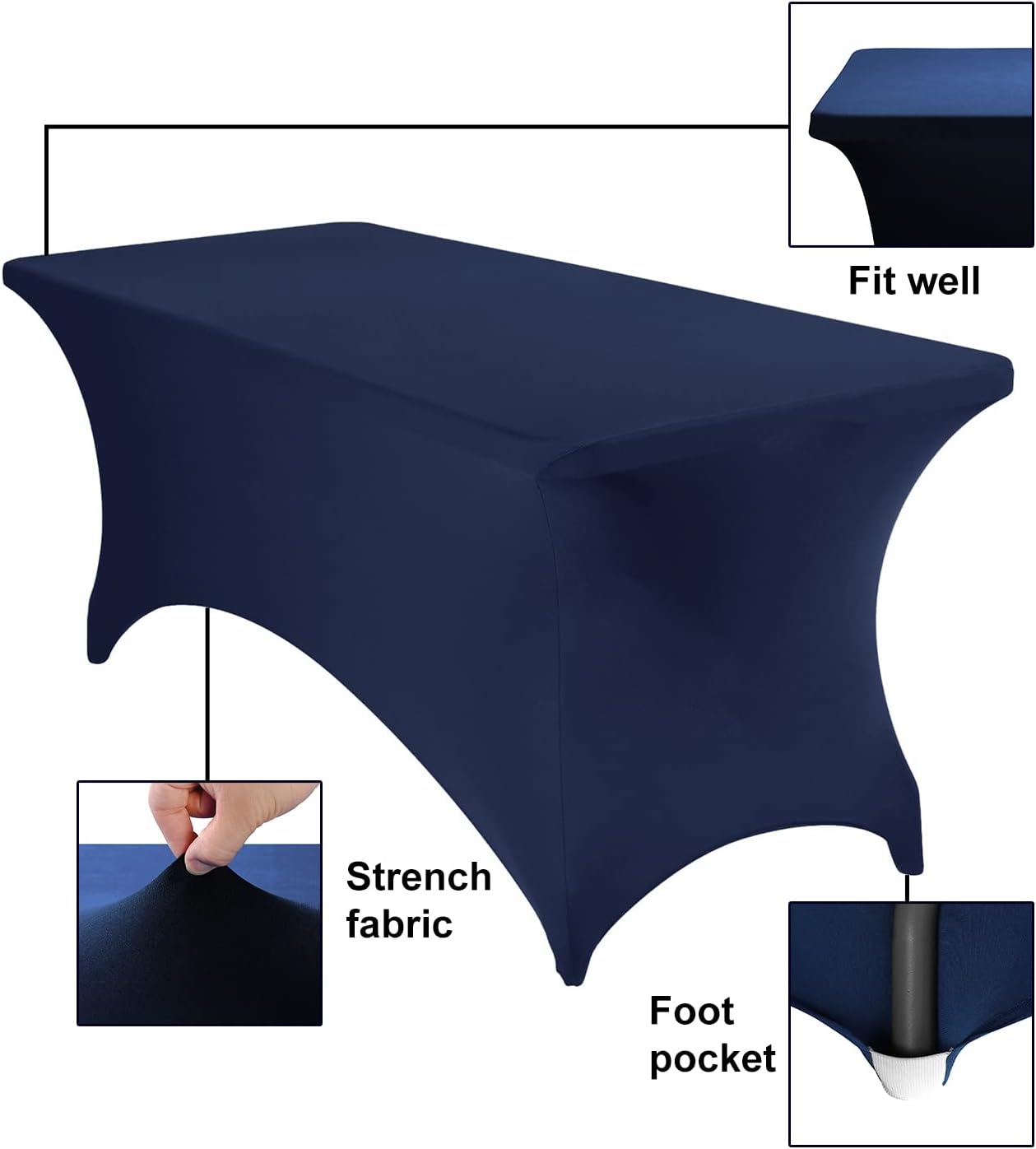 2Pack Spandex Waterproof Table Covers 6ft，Spandex 6ft Waterproof Table Cover for Party,Wedding, Banquet, and Events(Navy)