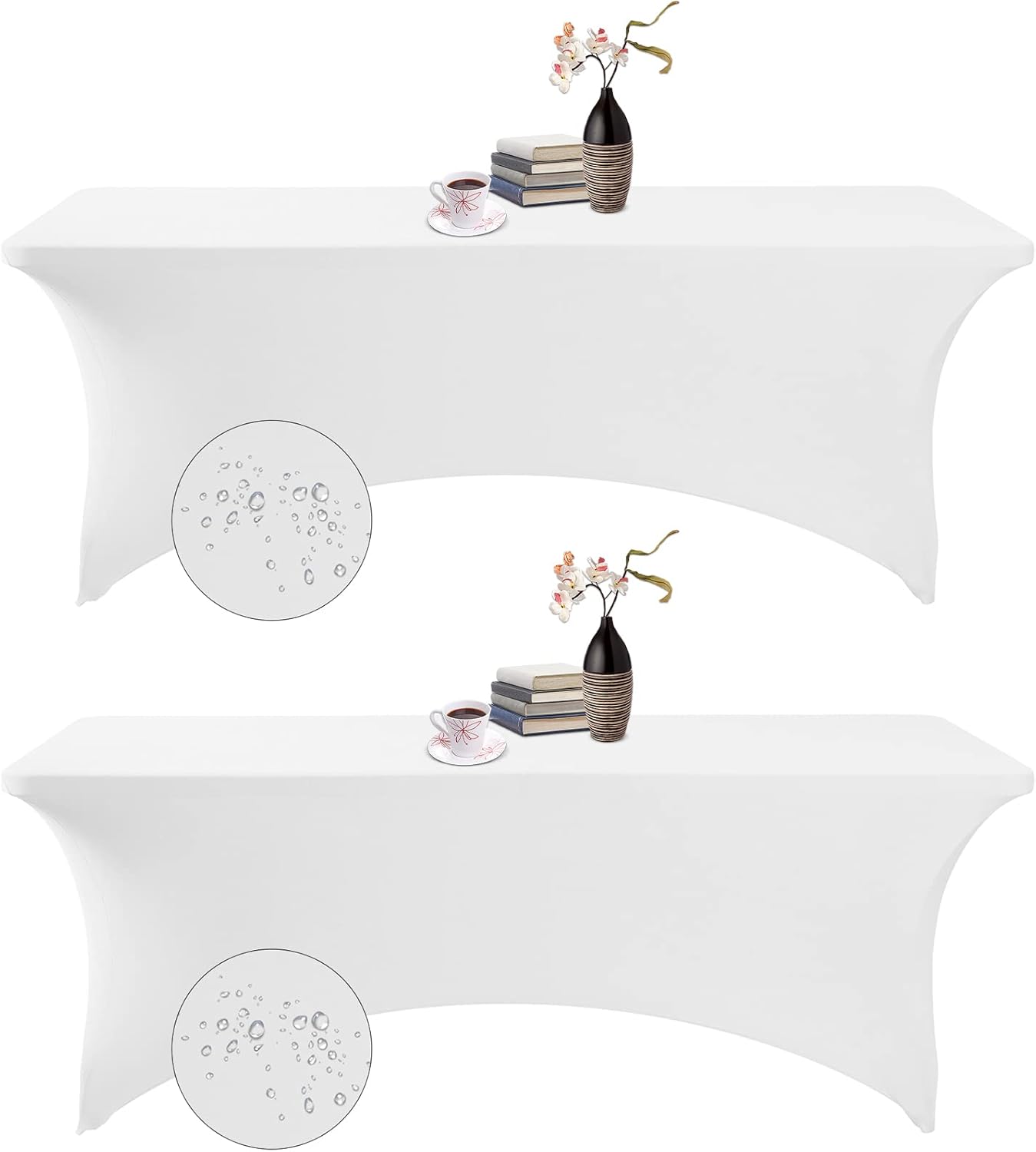 2Pack Spandex Waterproof Table Covers 8ft，Spandex 8ft Waterproof Table Cover for Party,Wedding, Banquet, and Events(White)