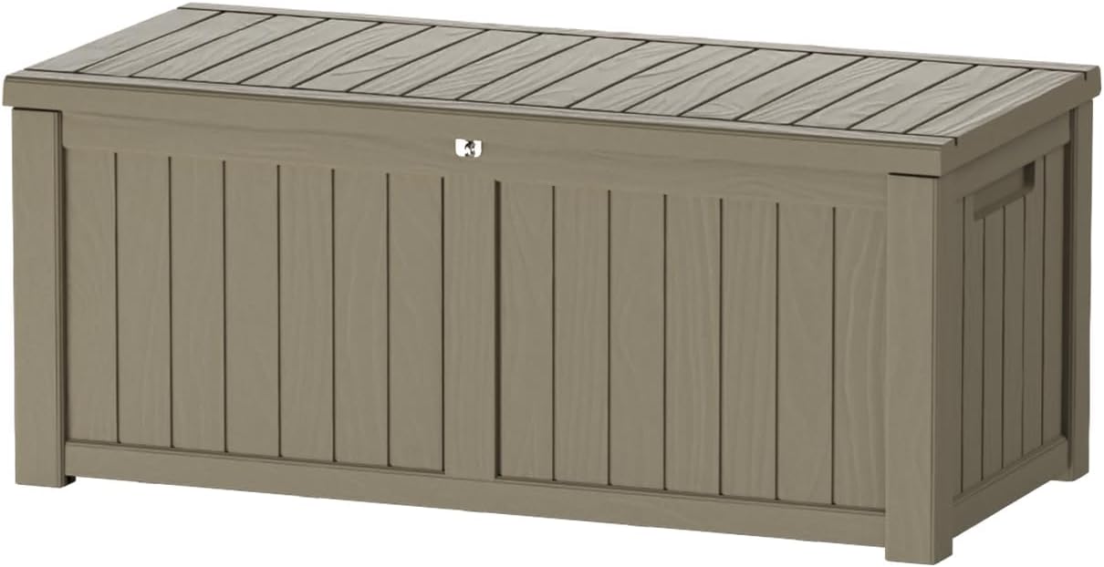 150 Gallon Lockable Resin Deck Box, Waterproof & UV-Resistant Outdoor Storage Box for Outdoor Cushion Storage, Garden Tools & Pool Accessories Storage, Gray
