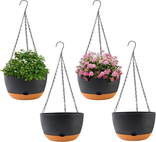 4 Pack Plastic Hanging pots for Plants Indoor,8 Inch Plant Pot Indoor Outdoor Hanging Baskets,Hanging Flower Pots with Drainage Holes and Chain for Garden Porch Plants(Black)