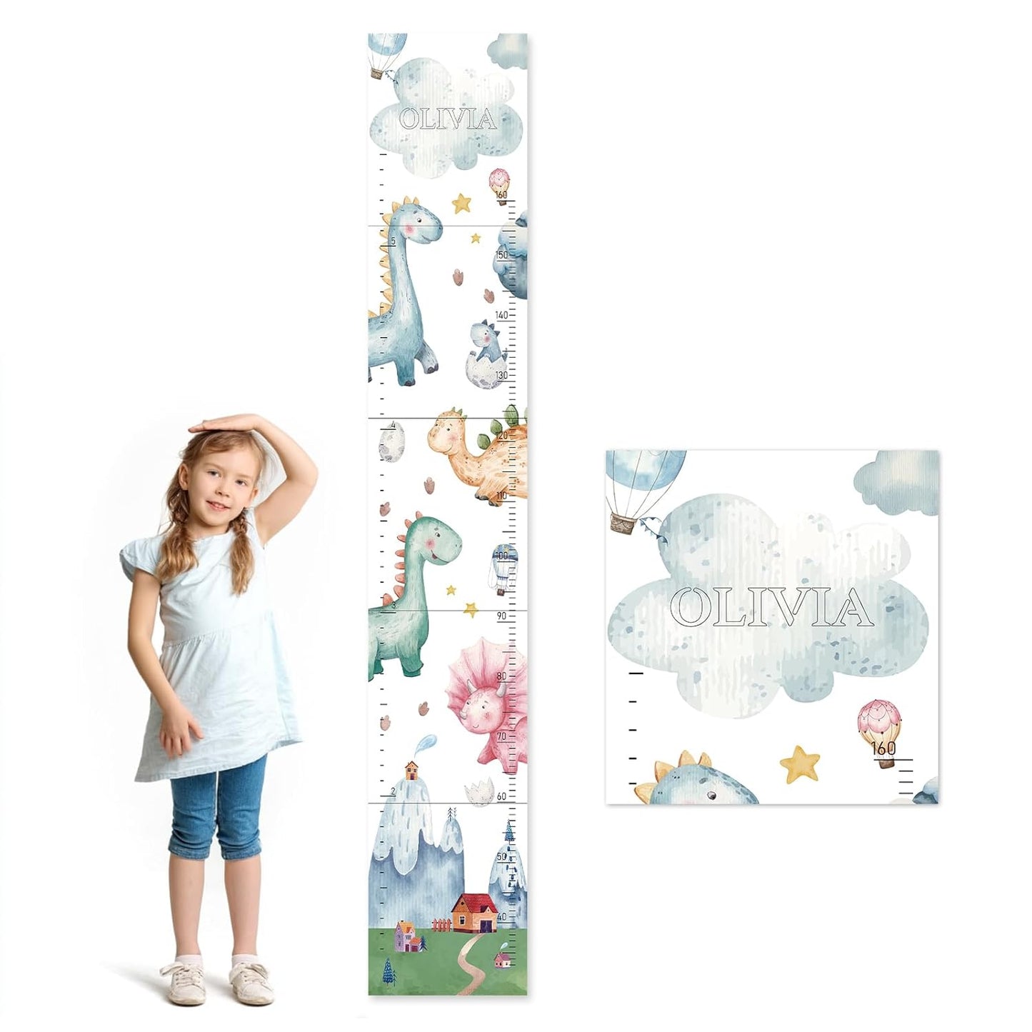 Personalized Name Growth Chart for Kids, Watercolor Dinosaur Height Measurement Chart for Children's Growth, Suitable for Both Boys and Girls, Removable and Easy to Store, Lightweight