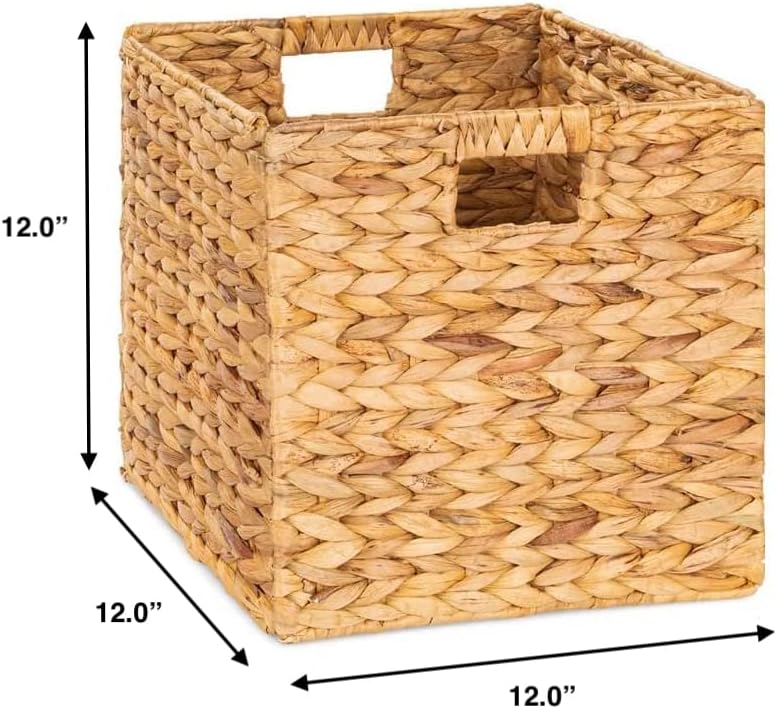 12x12x12 Storage Cube, Water Hyacinth Storage Baskets, Wicker Storage Baskets for Shelves, Woven Baskets for Storage, Square Wicker Storage Basket for Bedroom, Living Room (4 Packs 12x12in)