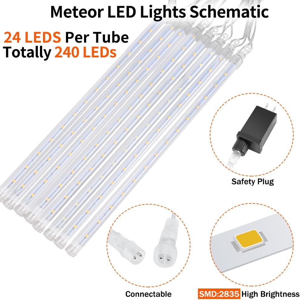 2 Pack Christmas Meteor Shower Rain Lights 12inch, 20 Tube 480 LEDs Icicle Outdoor Raindrop for Xmas Halloween Wedding Party Tree Holiday Decoration, Warm White